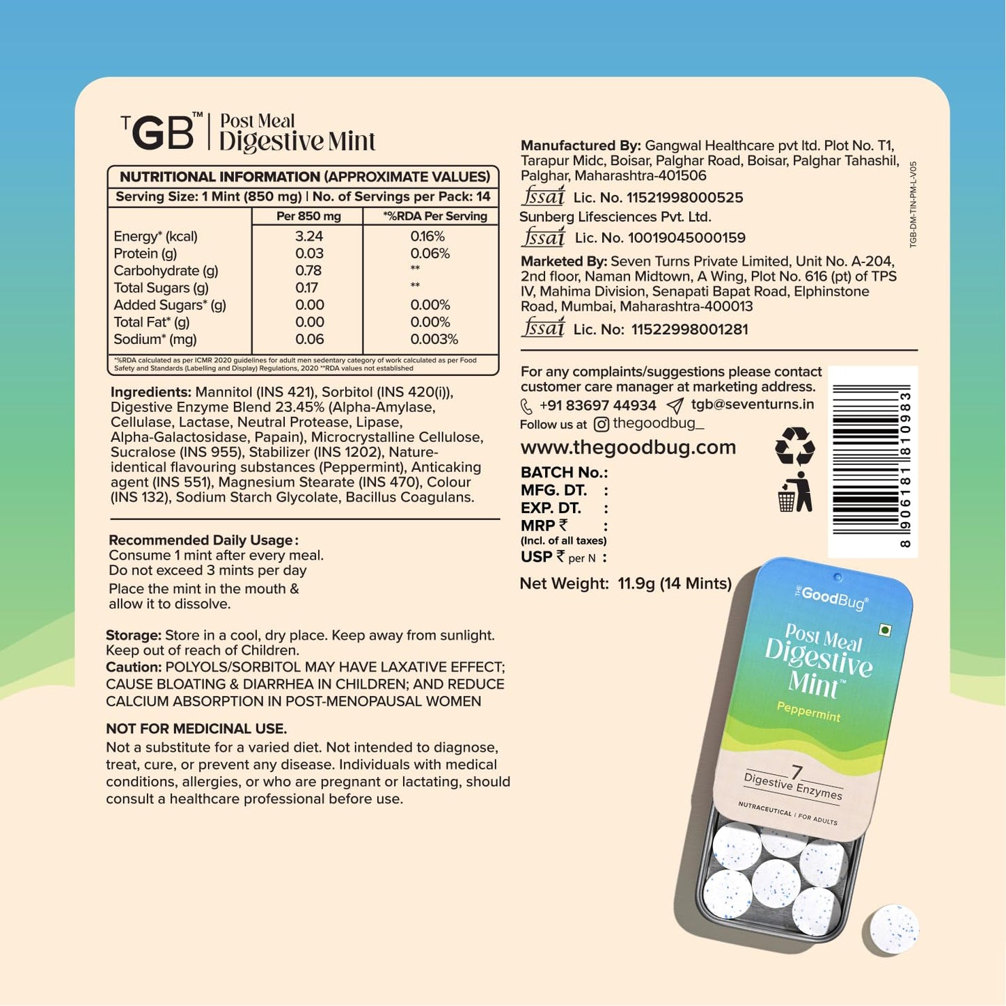The Good Bug Post Meal Digestive Mints – Peppermint | Post Meal Digestion Booster | 7 Digestive Enzymes | Helps Reduce Post-Meal Heaviness, Bloating, Acidity & Discomfort | No Added Sugar | 28 Mints (14 x 2 Packs) (Pack Of 2, Peppermint)
