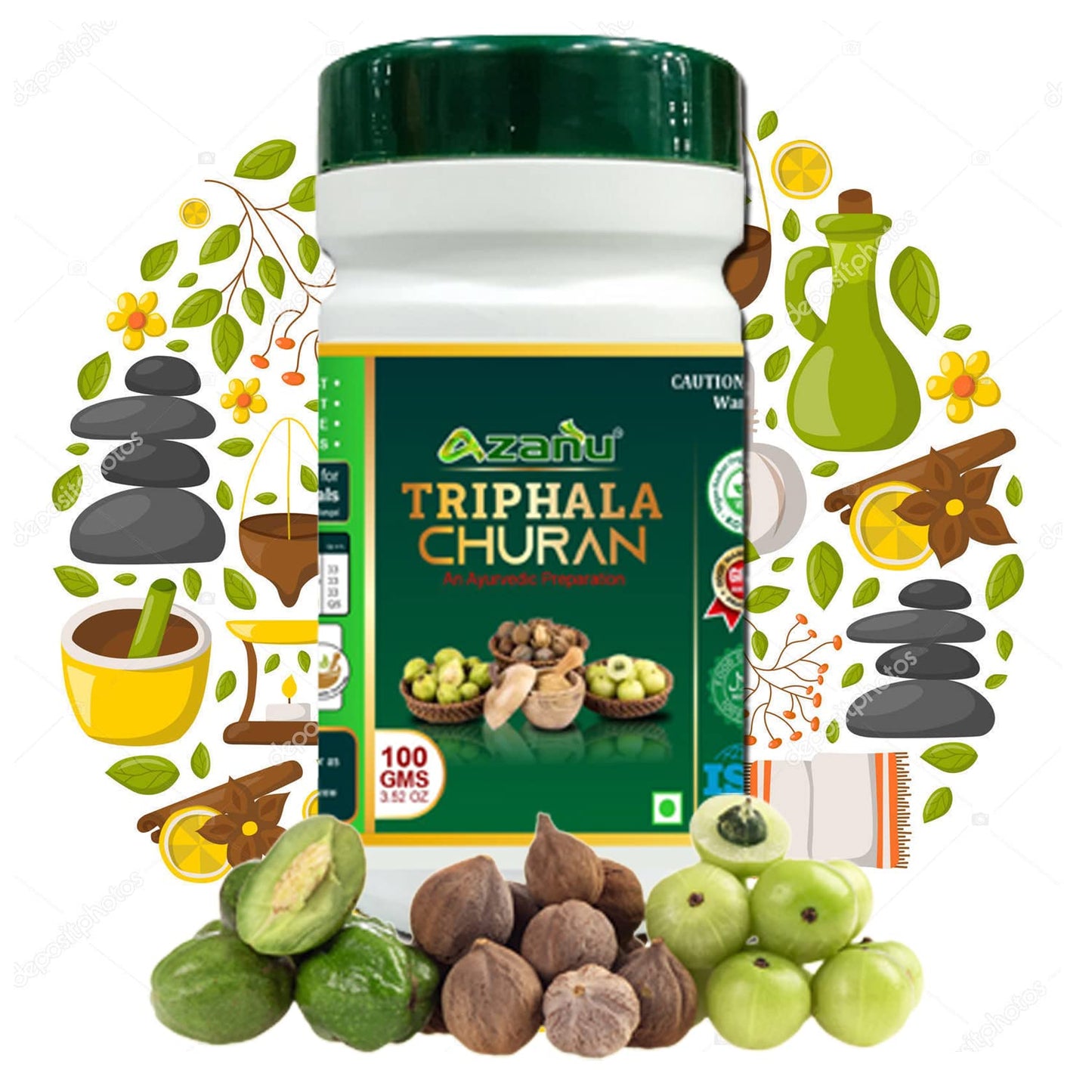 Azanu Triphala Churna | Powder | choornam | Thiripala Suranam | Pure and Safe Made By Lab Selected Herbs Amla, Harar, Bahera | helps in Constipation, Gas, Weight Loss | Pack of 1 (100g)