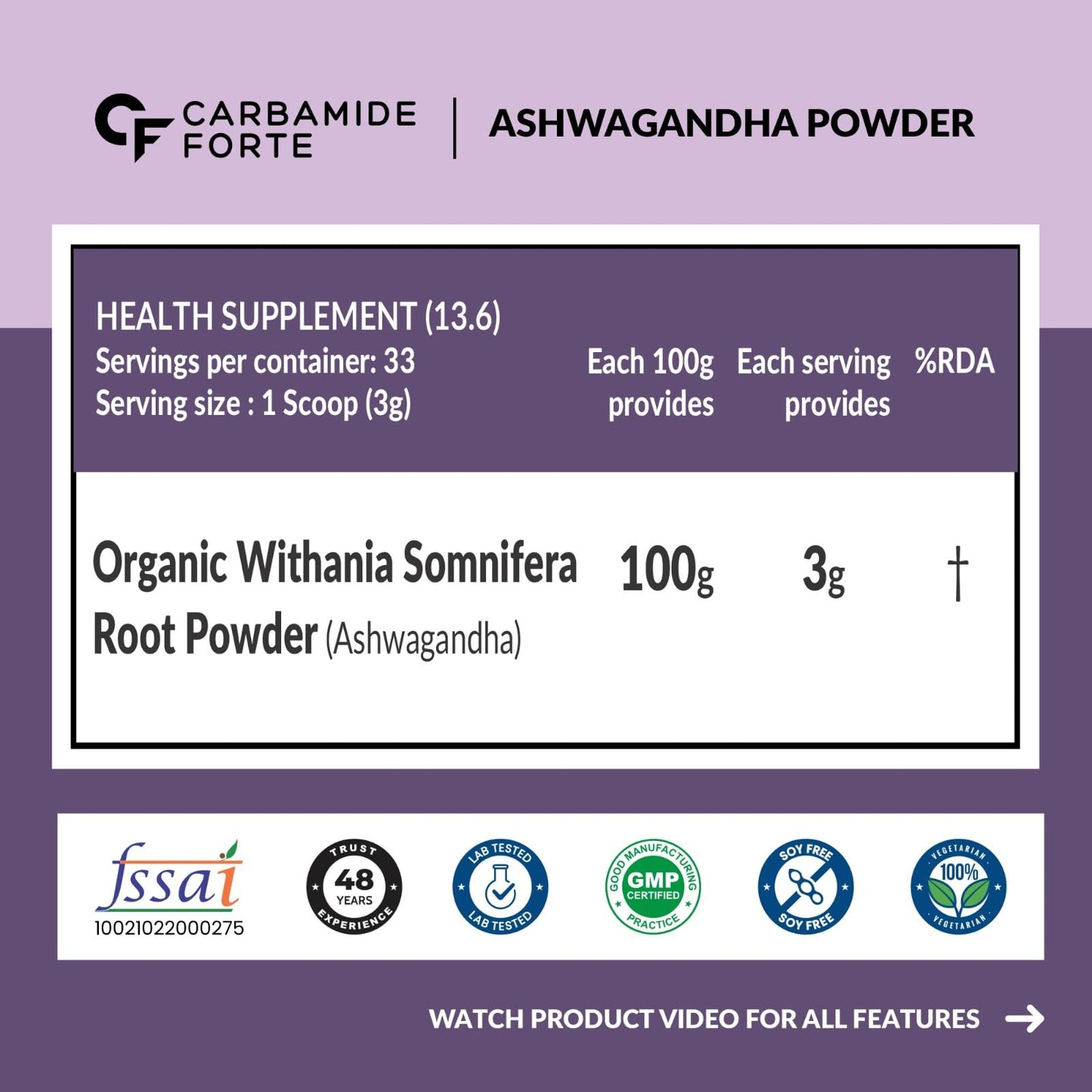 Carbamide Forte 100% Organic Ashwagandha Powder 100gm - Withania Somnif- image 9