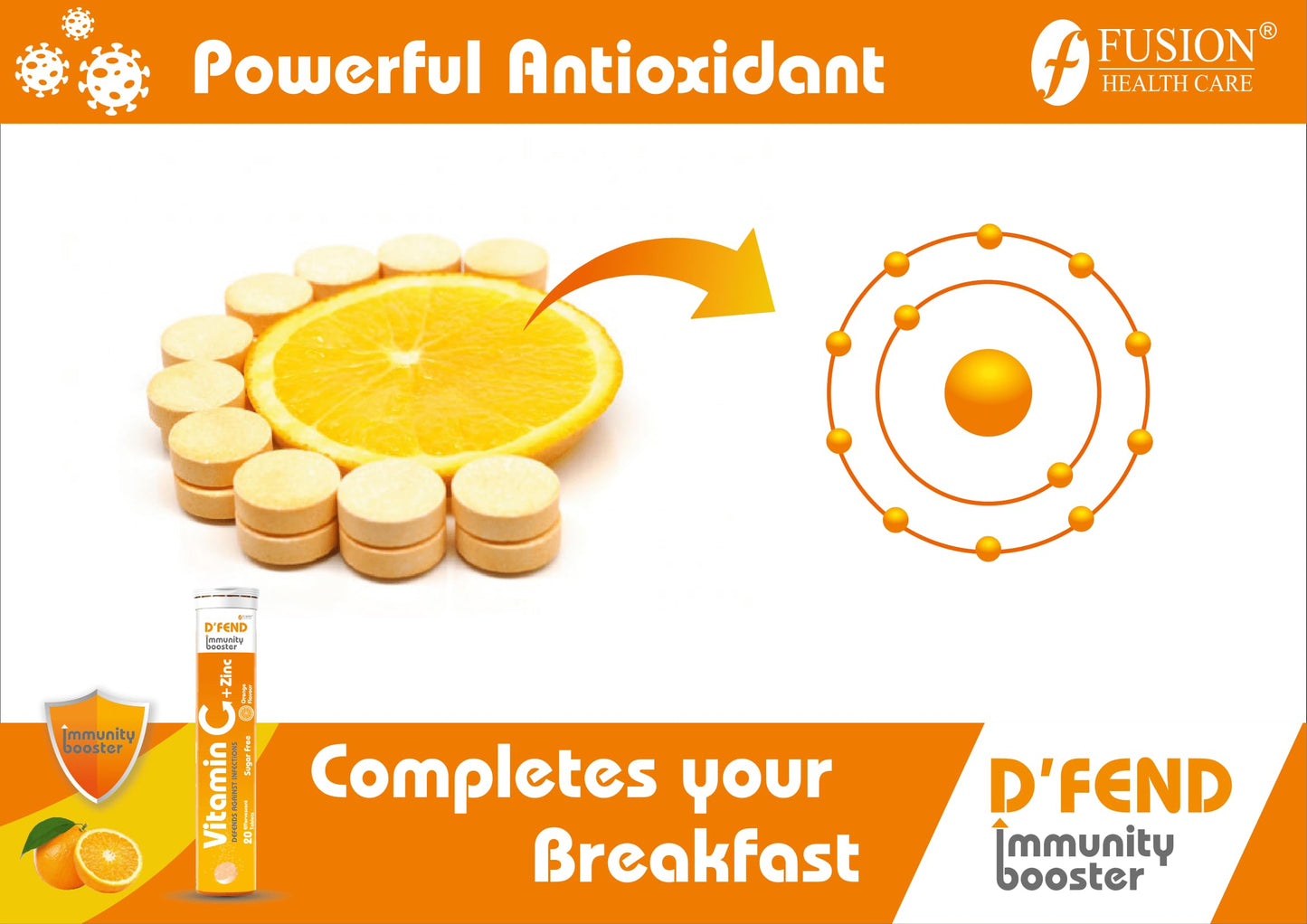 D'FEND Natural Vitamin C - 20 Effervescent Tablets, Amla Extract + Zinc for Daily Immunity | Helps to boost & Strengthens Collagen for Healthy Skin, Hair & Nails- Orange Flavour