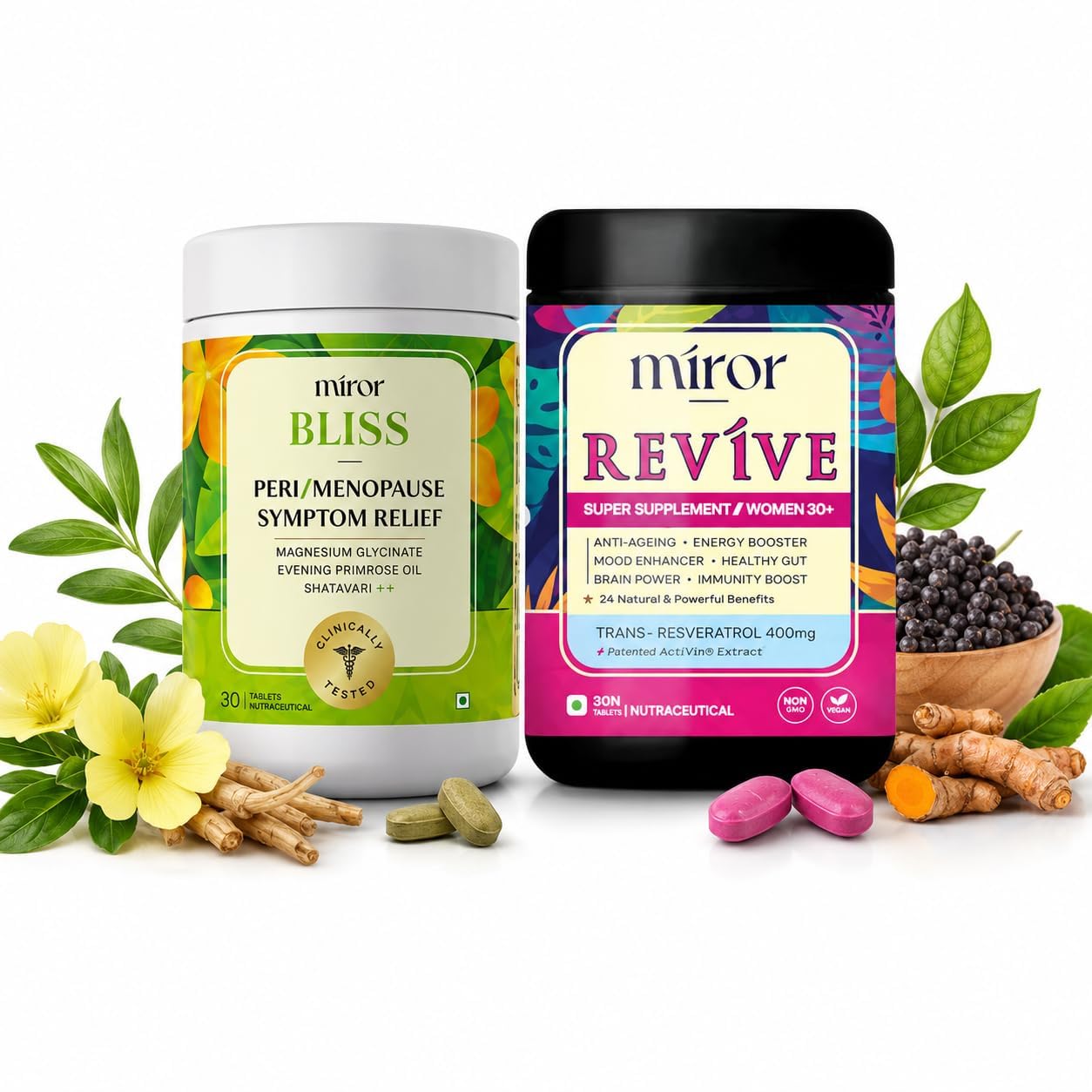 Miror Revive and Bliss Combo 30 Tablets Each | Ashwangandha, Shatavari, Magnesium Glycinate, Calcium for Hormonal Balance, Energy, Mood & Better Sleep | All-in-One Women’s Wellness Support