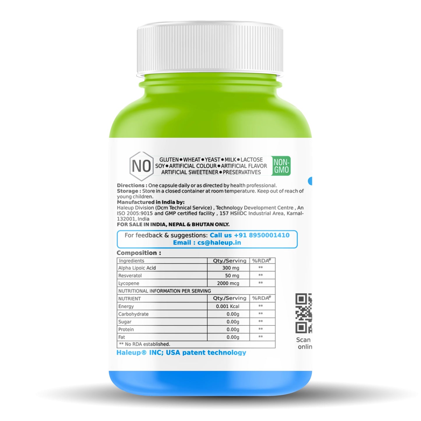 Haleup Alpha Lipoic Acid, 300 mg II Enriched with Lycopene & Resveratrol (60 capsules) || Healthy Liver || Heart || Blood Sugar & Potent Antioxidant