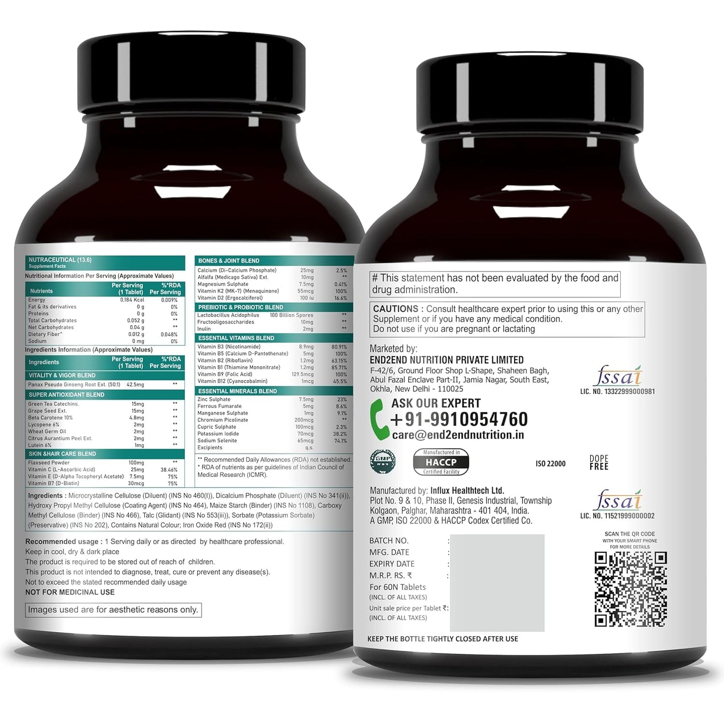 End2End Nutrition Omega 3 Fish Oil capsules and Multivitamin tablets with 33 Vitamins, Minerals and Herbs for Men and Women | Heart, Brain, Eye & Skin Health - (30x2)
