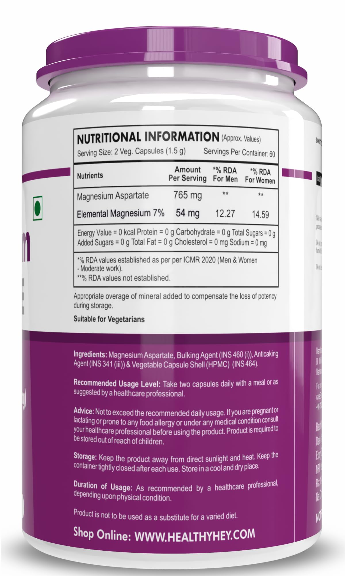 HealthyHey Nutrition Magnesium Aspartate -120 Vegetabel Capsules
