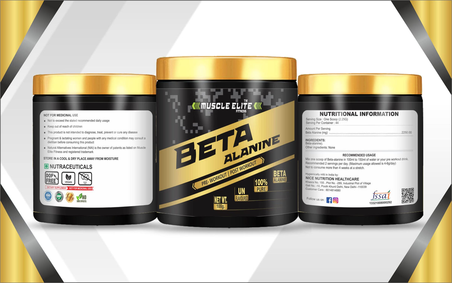 Muscle Elite Fitness Pure 100% Beta-Alanine Pure Powder 2,200 mg - Delays Muscle Fatigue, Massive Pumps, Muscular Endurance & Recovery | Pre Workout supplement for Men & Women - 100g, Unflavoured
