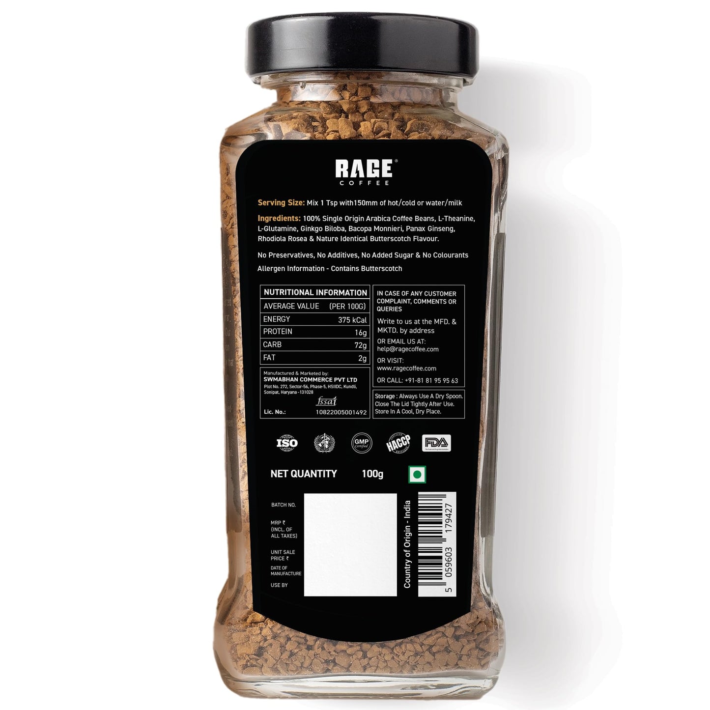 Rage Coffee Butterscotch Delight Flavour - Premium Arabica Instant Coffee (Make Delicious Hot/Cold Coffee) | (Butterscotch Delight, 100g)