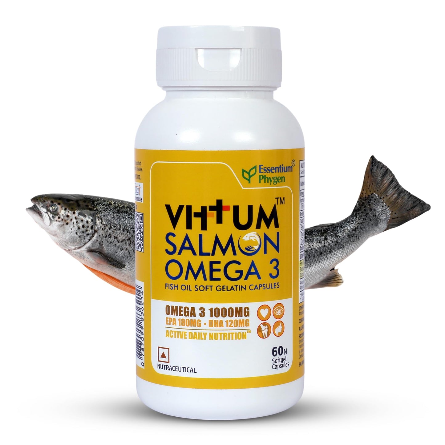 Essentium Phygen Vittum Omega-3 Salmon Fish Oil 1000mg, 60 Softgel Capsules, No Smell, EPA & DHA Supplement for Heart, Brain, and Eye Health