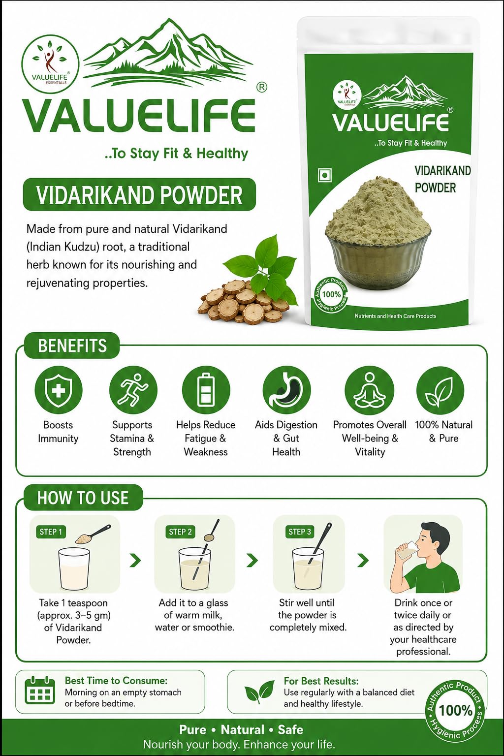 Valuelife Vidarikand Powder 200g | Pure Ayurvedic Herbal Supplement for Strength, Energy & Overall Wellness | Natural Health Care Powder for Men & Women