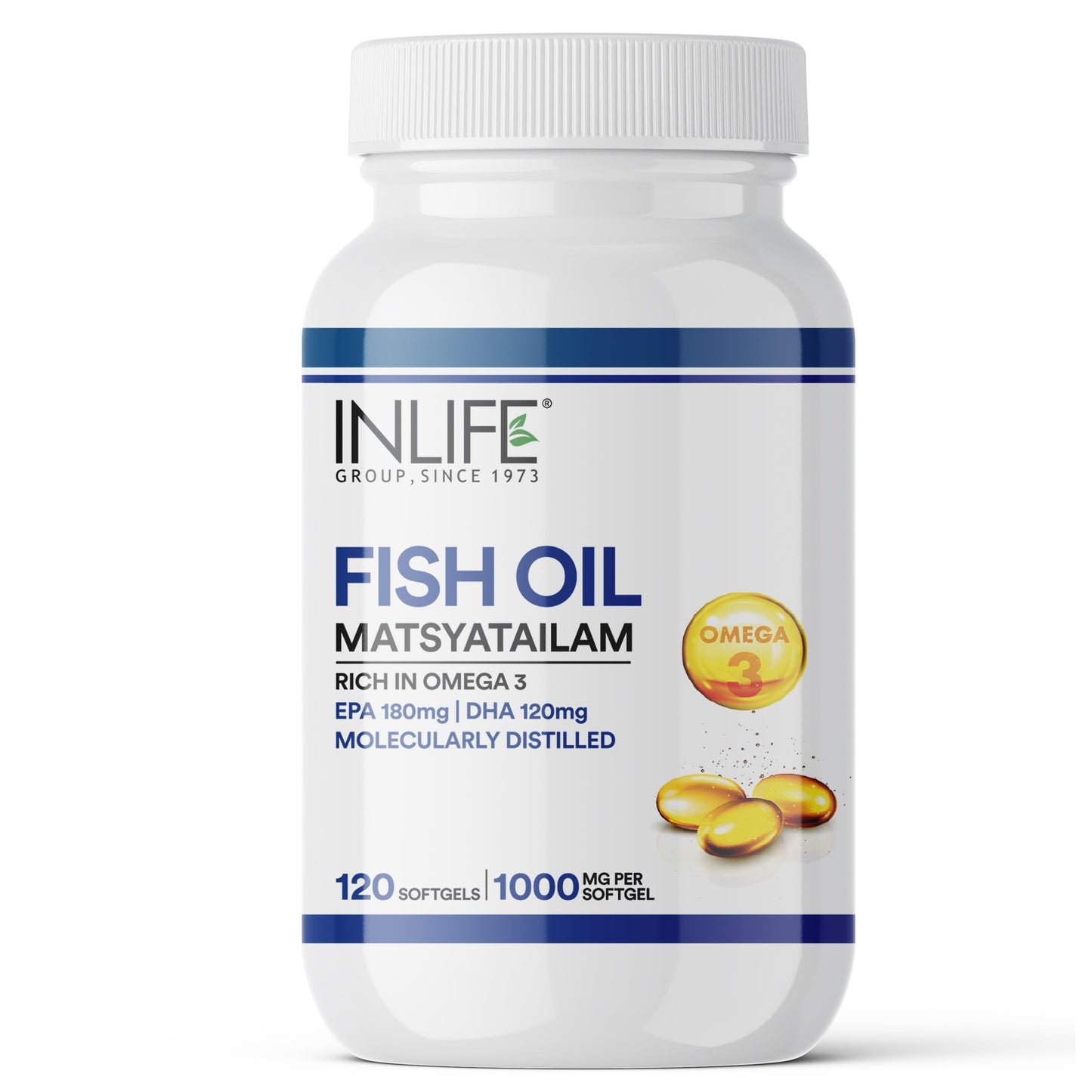 INLIFE Fish Oil Omega 3 Capsule 1000mg | Molecularly Distilled Highly Concentrated Supplement - 120 Softgels