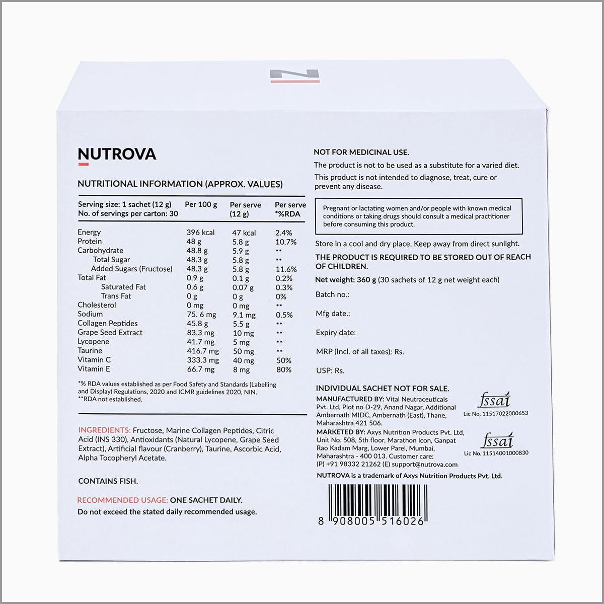 NUTROVA Collagen+Antioxidants Supplement - 60 Sachets For Men & Women, Increases Skin Hydration & Reduces Skin Damage, Cranberry Flavour - Easy To Mix, Powder, 2 count, 60 servings