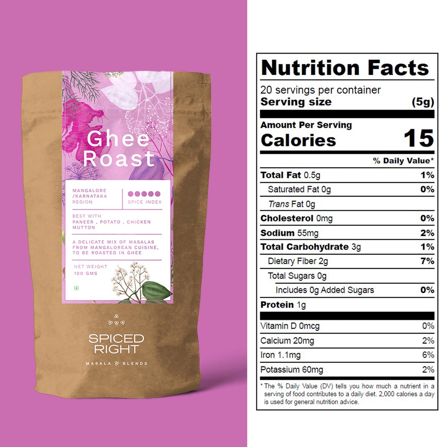 Spiced Right Mangalore Ghee Roast Masala 200gm - Authentic Mangalorean Curry Spice Masala Blend with Garlic for Chicken, Prawn, Mutton, and Veg Dishes - No Artificial Colouring or Flavouring.