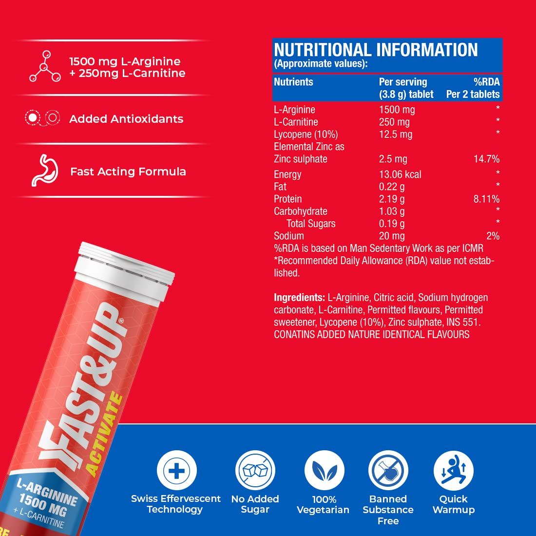 Fast&Up Activate- Caffeine Free Pre-training Drink- 1500 mg L-Arginine & other Active Nutrients- Prevents Oxidative Stress, Boosts Stamina & Metabolism-Orange Flavour- Pack of 20 Effervescent Tablets