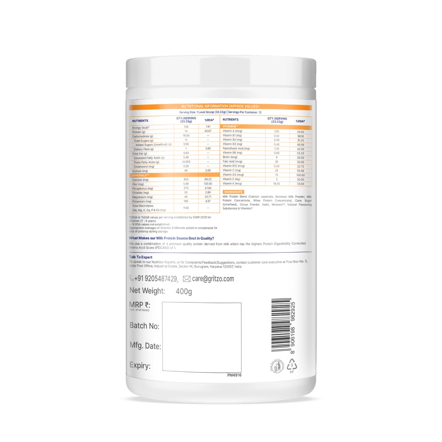 Gritzo SuperMilk Athlete (7-12y Boy & Girl), 14g Protein Powder (Double Chocolate, 400g) | Zero Refined Sugar, 20 Vitamins & Minerals