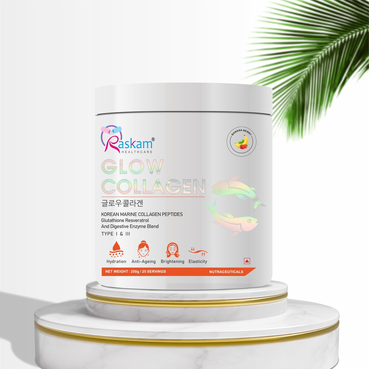 Raskam Glow Collagen Powder 250gm of 25 Servings | Korean Marine Flavored (Banana Berry) Collagen Powder Supplements for Women & Men