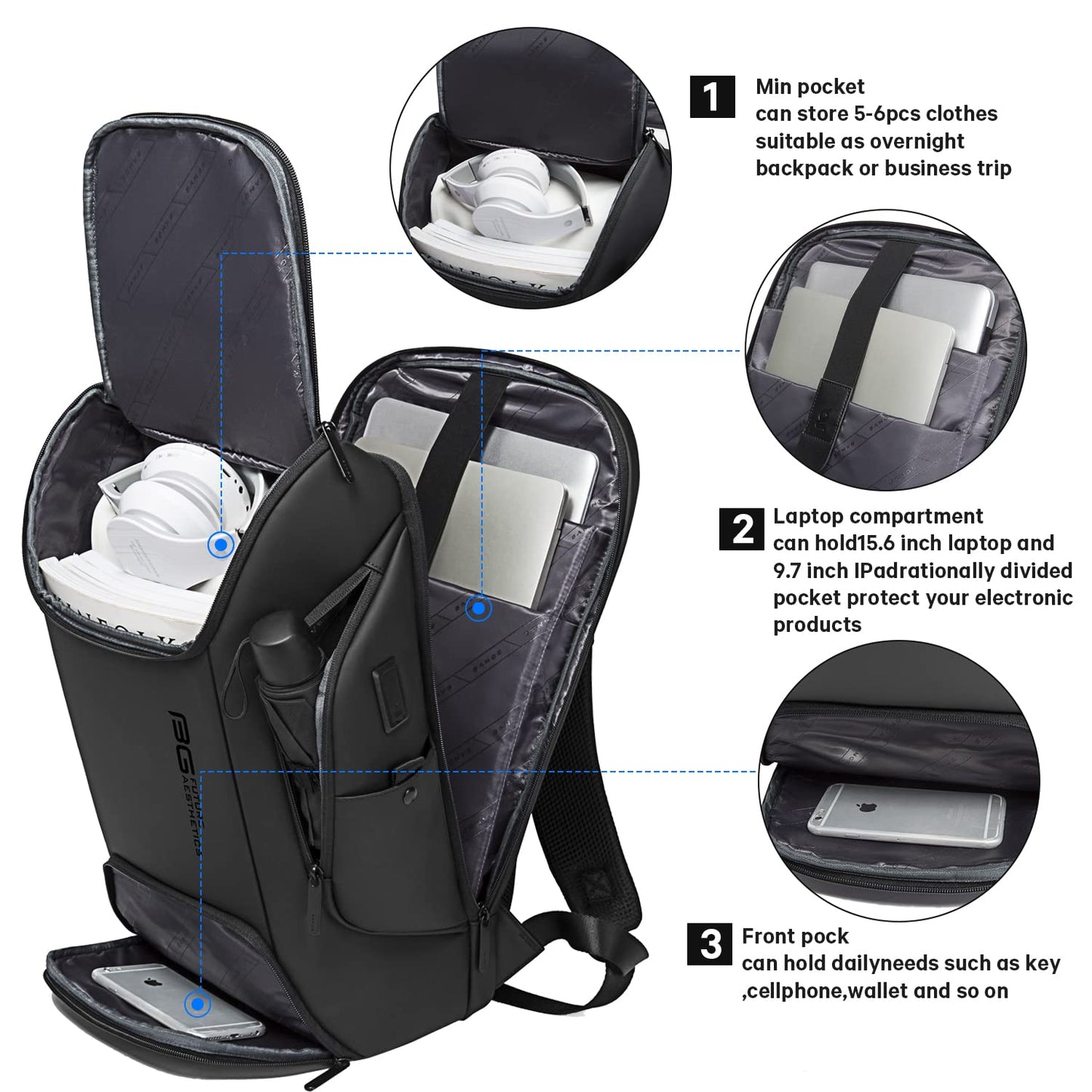BANGE Business Laptop Smart backpack Can Hold 15.6 Inch Laptop Commute Backpack Carry on bag for men and women, Black, Large, Laptop Backpack