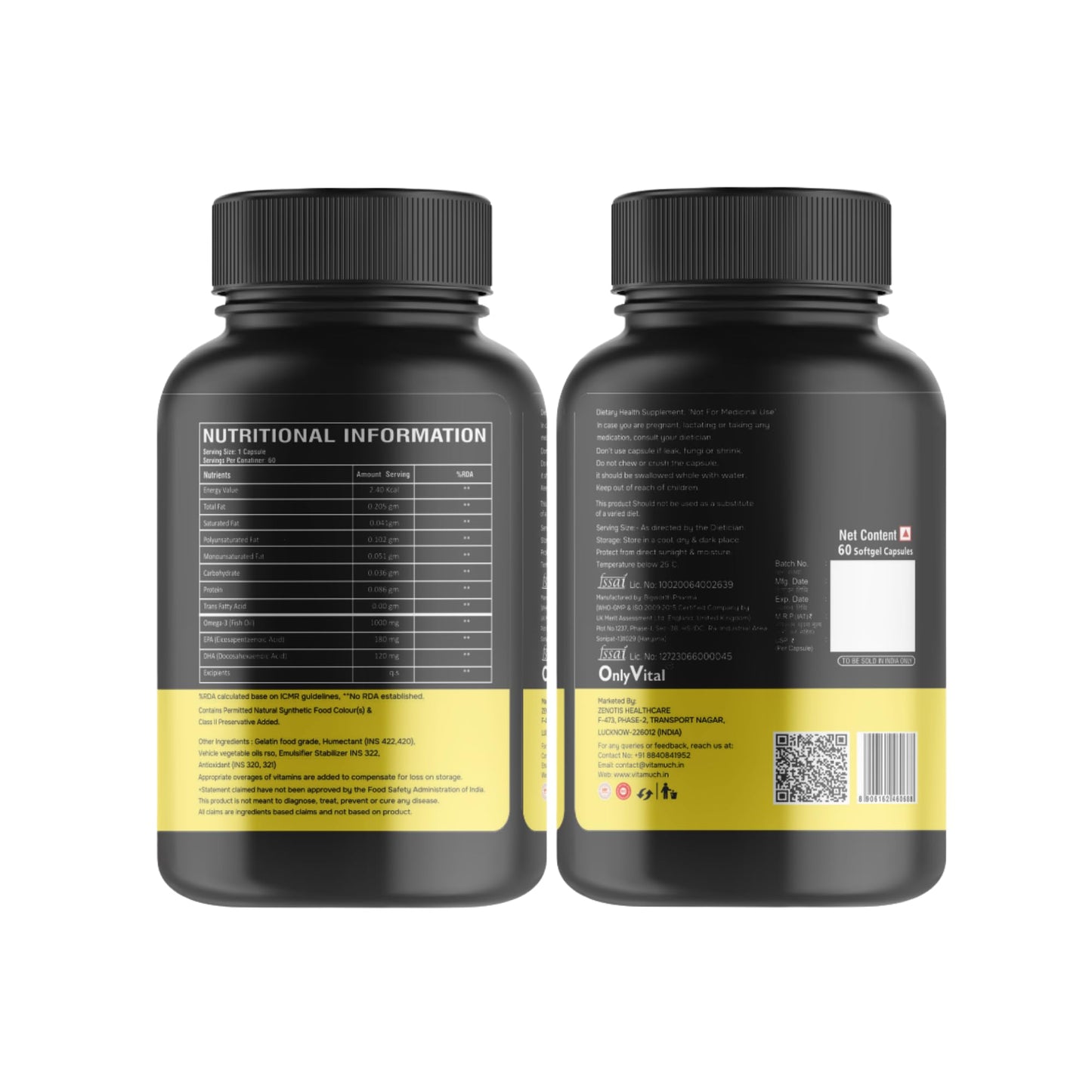 OnlyVital Fish Oil 1000 mg Softgels | Omega 3 with EPA 180 mg & DHA 120 mg | Supports Heart, Brain & Skin Health | Nutraceutical Supplement | 60 Softgels