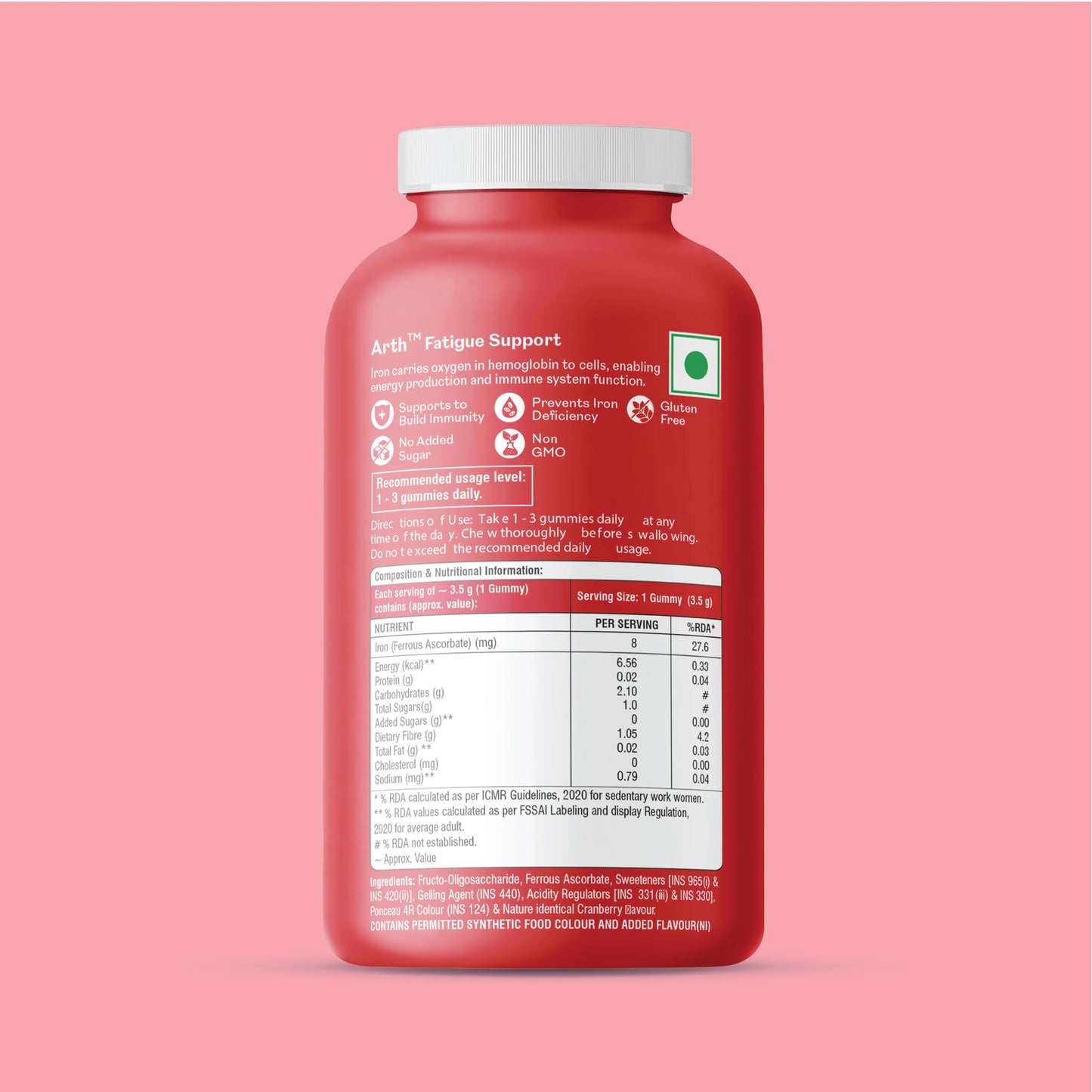 Arth Chelated Iron Supplement For Women & Men - 30 Gummies | 6X Higher Absorption | With Ferrous Ascorbate | For Haemoglobin, Anemia, Blood Building & Reduced Fatigue | Gut Friendly |Cranberry Flavour