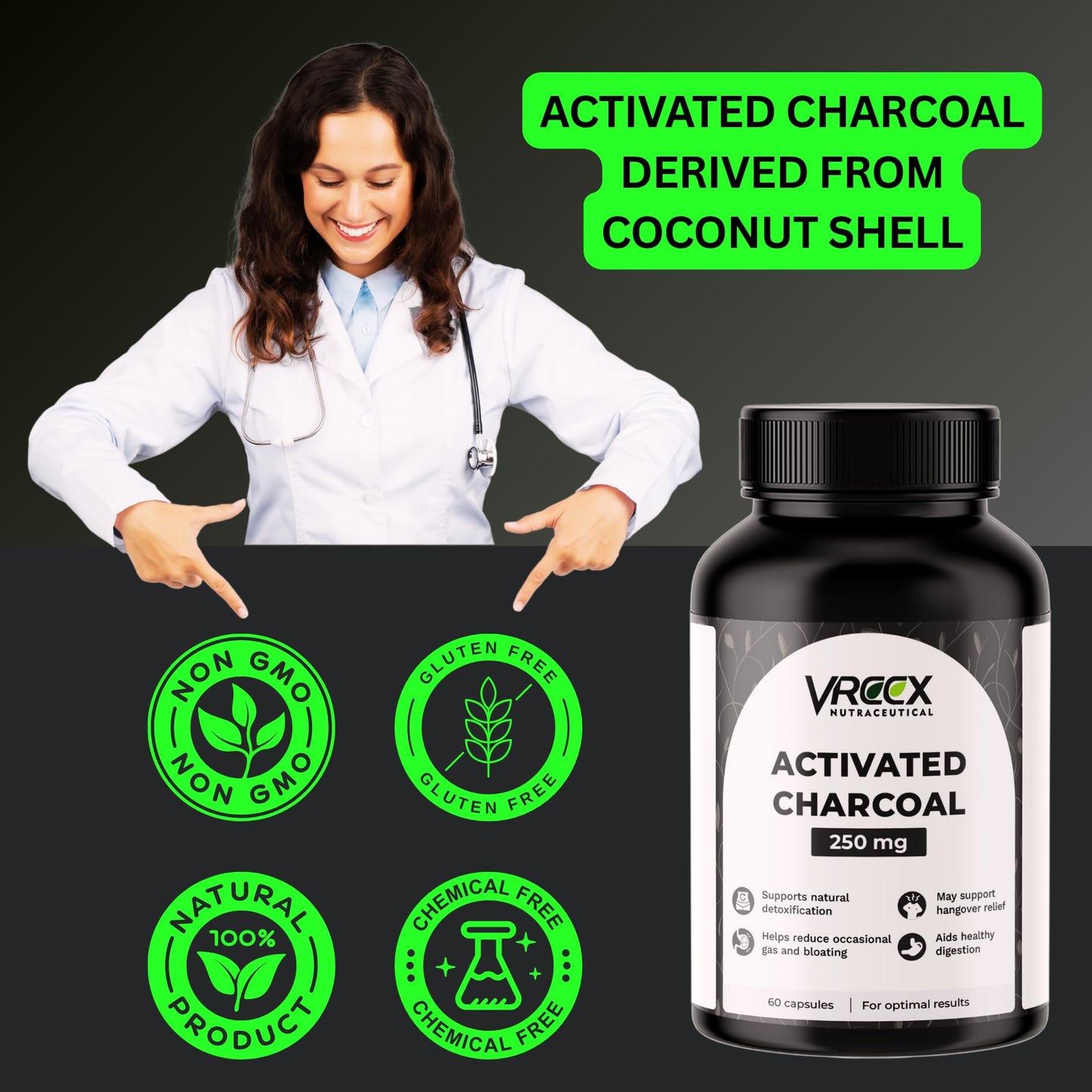 VREEX Activated Charcoal 250 mg – Supports Natural Detox, Helps Reduce Gas & Bloating and Digestive Cleanse (60 Veg Capsules)