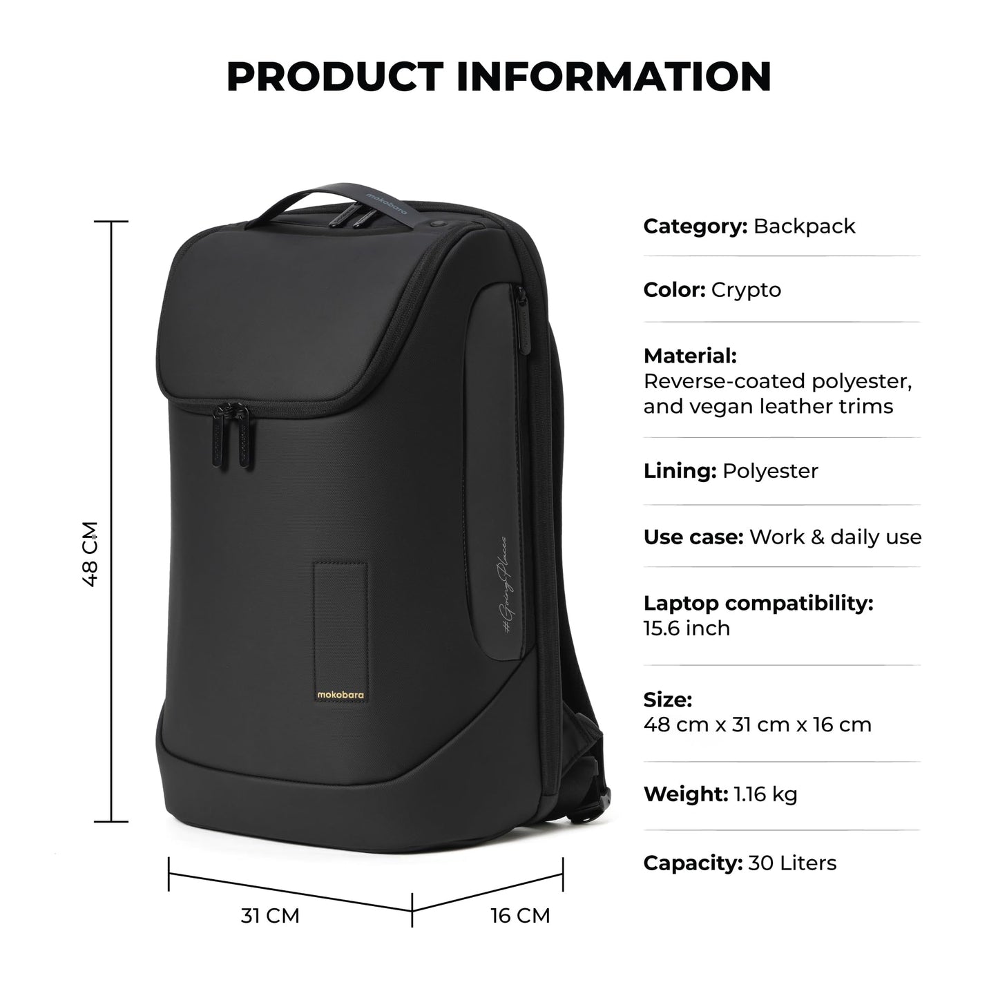 MOKOBARA Transit Backpack | Fits Laptop Up To 16 Inch, 30L Capacity, Water-Resistant Polyester, Vegan Leather Trims | Money Moves, Black