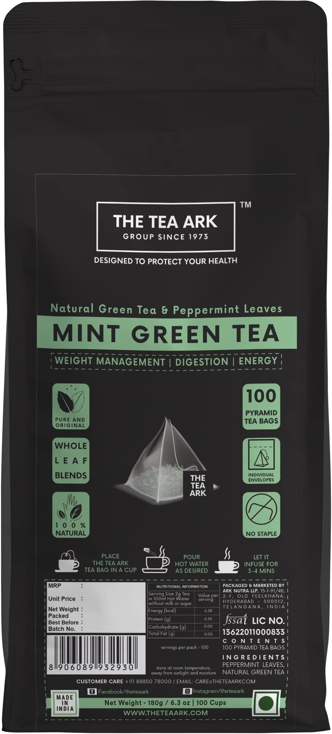 The Tea Ark Mint Green Tea Bags (100 Count) | Natural Herbal Whole Leaf Tea | Individually Wrapped Pyramid Tea Bags