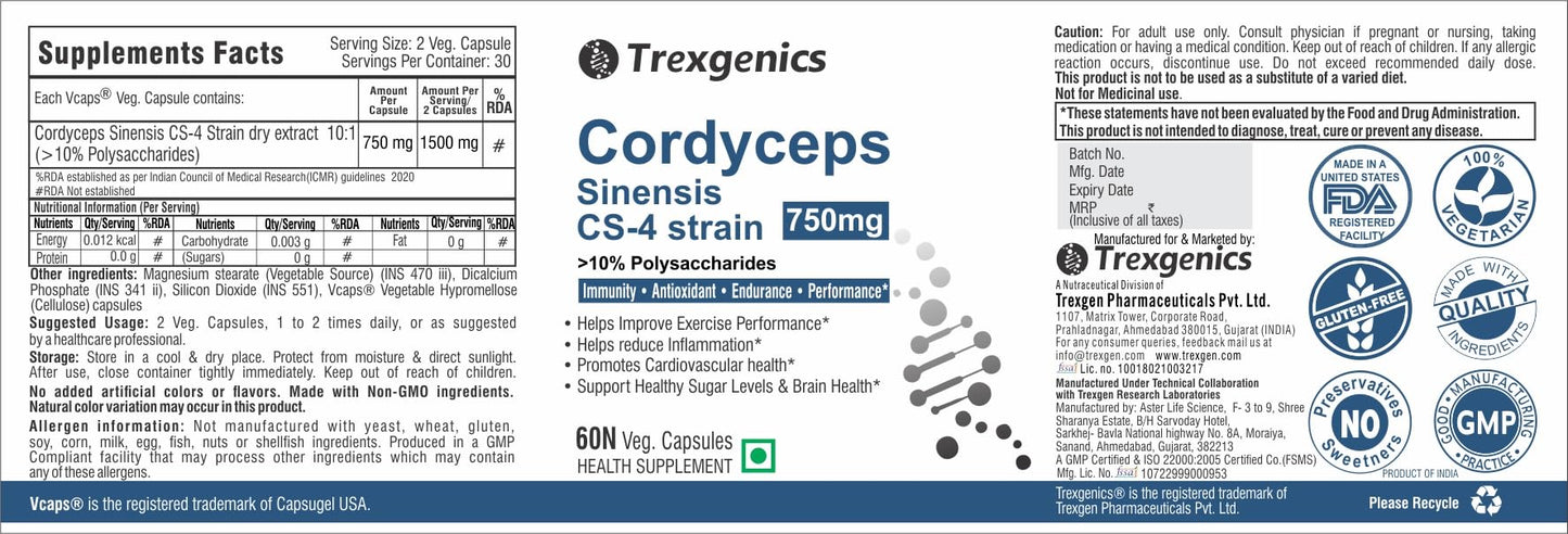 Trexgenics Cordyceps 10% Polysaccharides 750mg Immunity, Cardiovascular- image 7