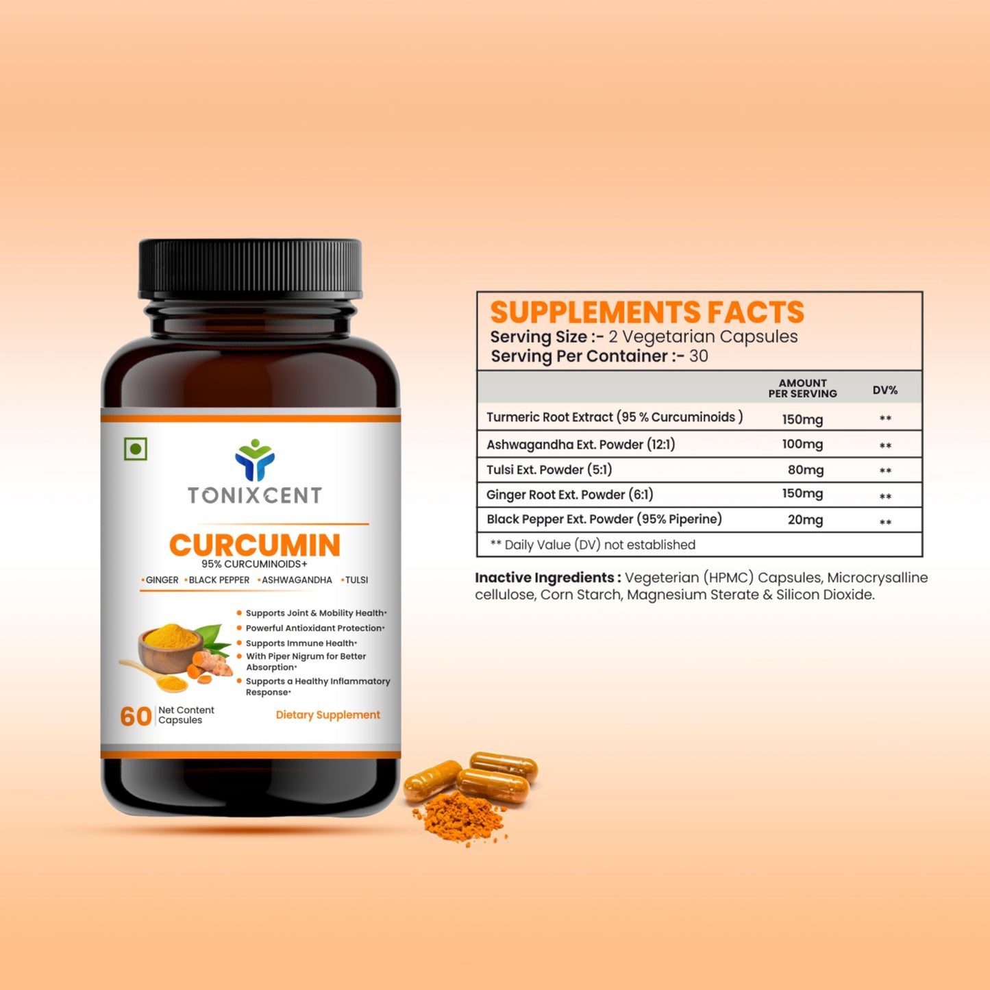 TONIXCENT Skin Glow Stack | Spirulina & Curcumin Capsules | Boosts Immunity, Reduces Inflammation & Enhances Recovery | 60+60 Vegan Capsules
