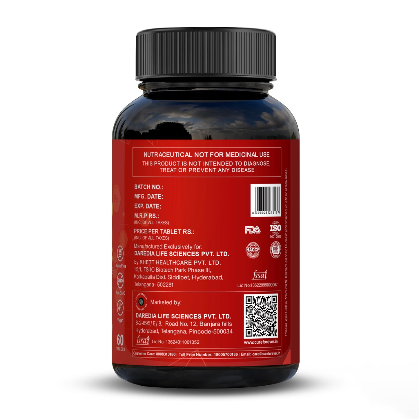 CUREFOREVER Chelated Iron & Vitamin C 60 Tablets for Men - High Absorption Iron & Vitamin C Supplements for Energy, Immunity, Skin Tiredness & Fatigue