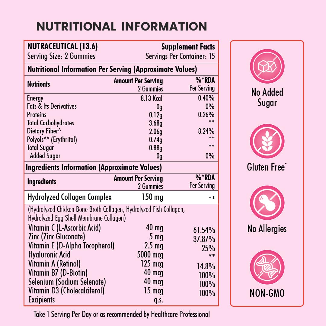 Naturyz Bovine Free Multi Collagen Gummies for Skin Health | Hyaluronic Acid, Vitamin C, Vitamin E & Biotin | Skin Elasticity, Hydration & Glow Supplement | Hydrolyzed Peptides with Type I, II, III, V & X | Easy-to-Absorb Gummy | No Added Sugar, Delicious