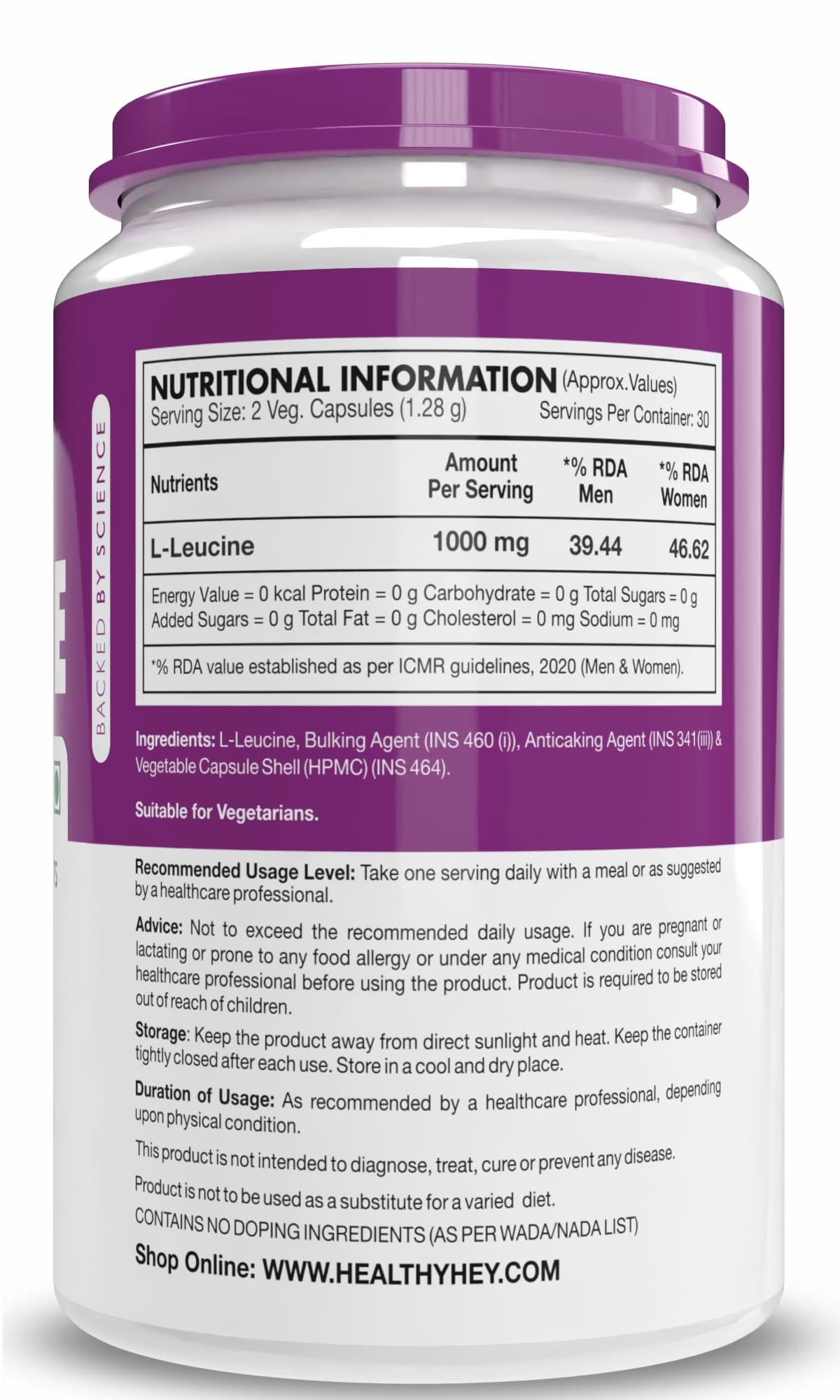 HealthyHey Nutrition L-Leucine Capsule 1000mg Per Serving, 60 Capsules- image 5