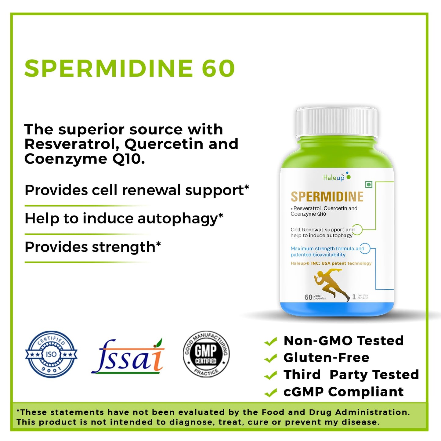 Haleup 99% Spermidine Trihydrochloride with Resveratrol| For Healthy Ageing | Autophagy| Cell Renewal | Immunity| Skin and Hair | Cognitive Support (1 pack X 60s count)