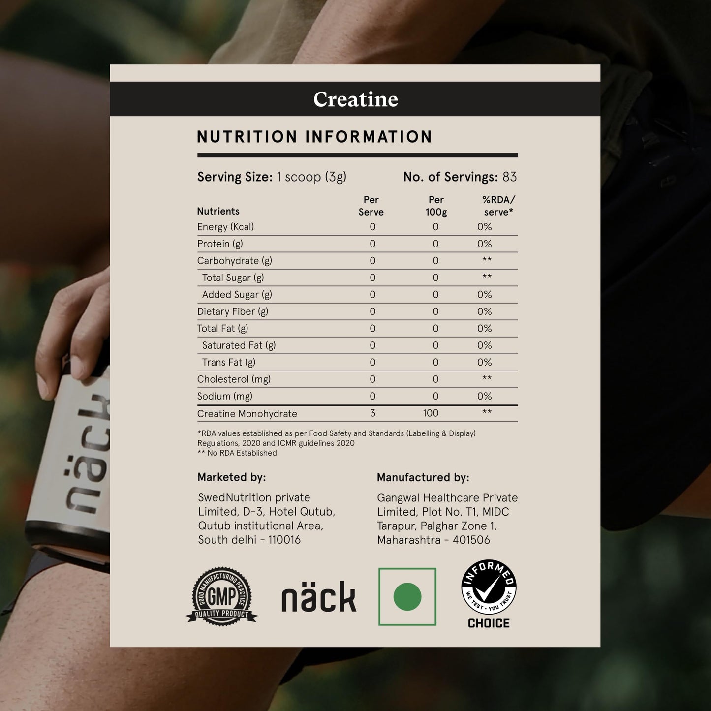 Näck Micronised Creatine Monohydrate 250gm Unflavoured | 100% Pure | Informed Choice Certified | Strength, Energy, Cognitive & Athletic Performance Supplement | Zero Sugar & Calories