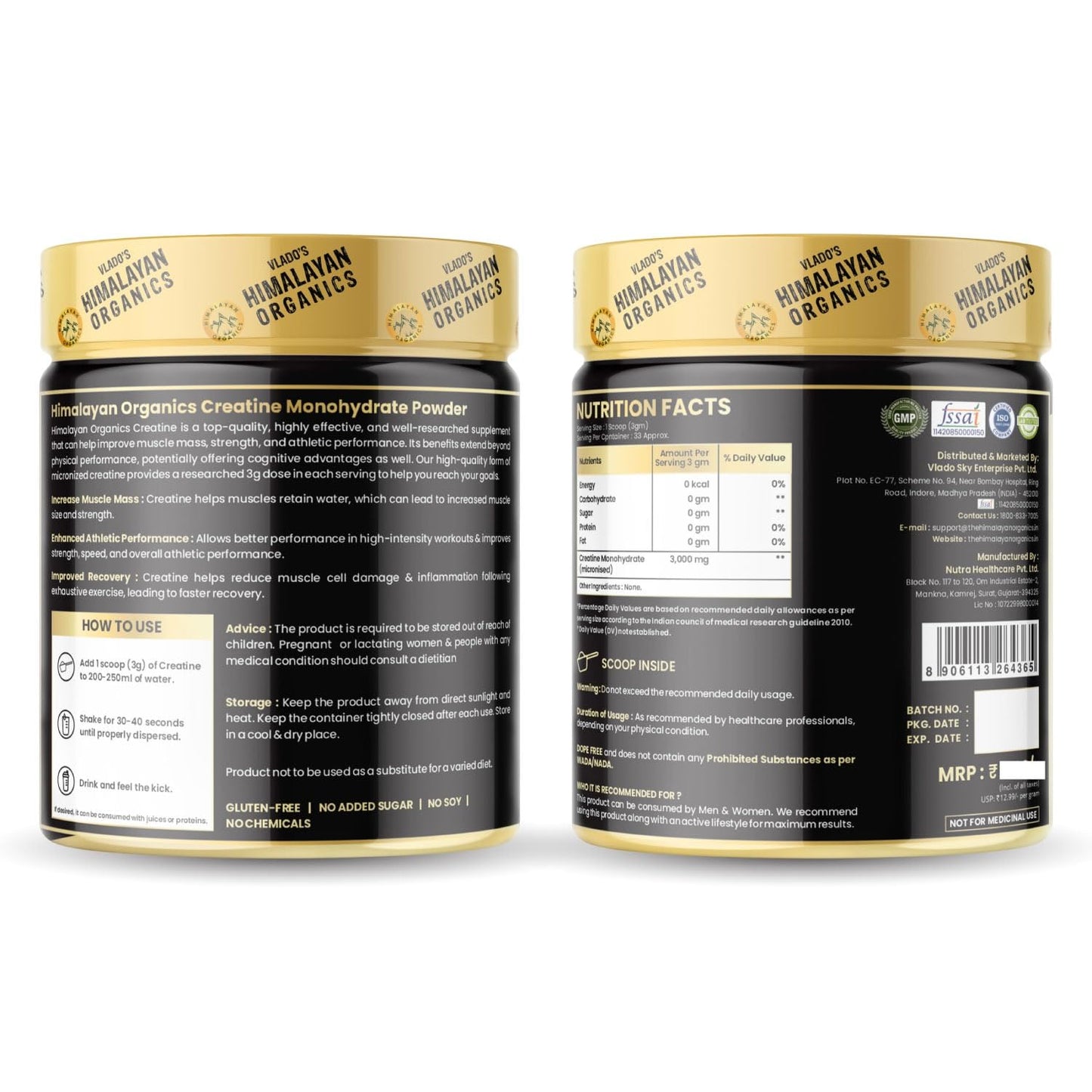 Vlado's Himalayan Organics Pure Micronised Creatine Monohydrate Powder I Pre/Post Workout Supplement, Instant Energy for Athletic Performance I Faster Muscle Building & Recovery I Certified I Max Absorption I Gain Lean Muscle, More Strength, and Faster Wo