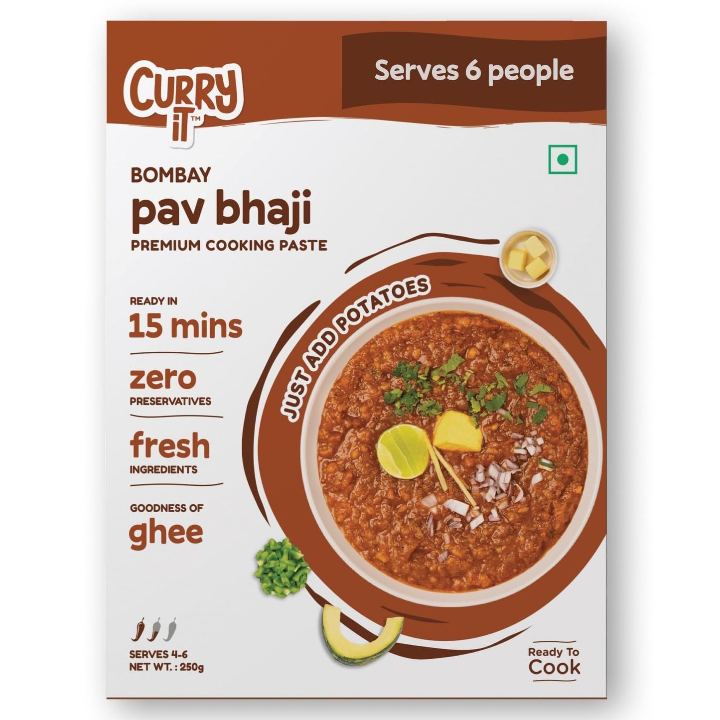 CURRYiT Instant Bombay Pav Bhaji Masala Curry Paste | Just Add Aloo (Potato) | Ready in 15-30 Mins | Serves 4-6 | Made with Ghee | No Preservatives | Ready To Cook Indian Masala Gravy | 250g