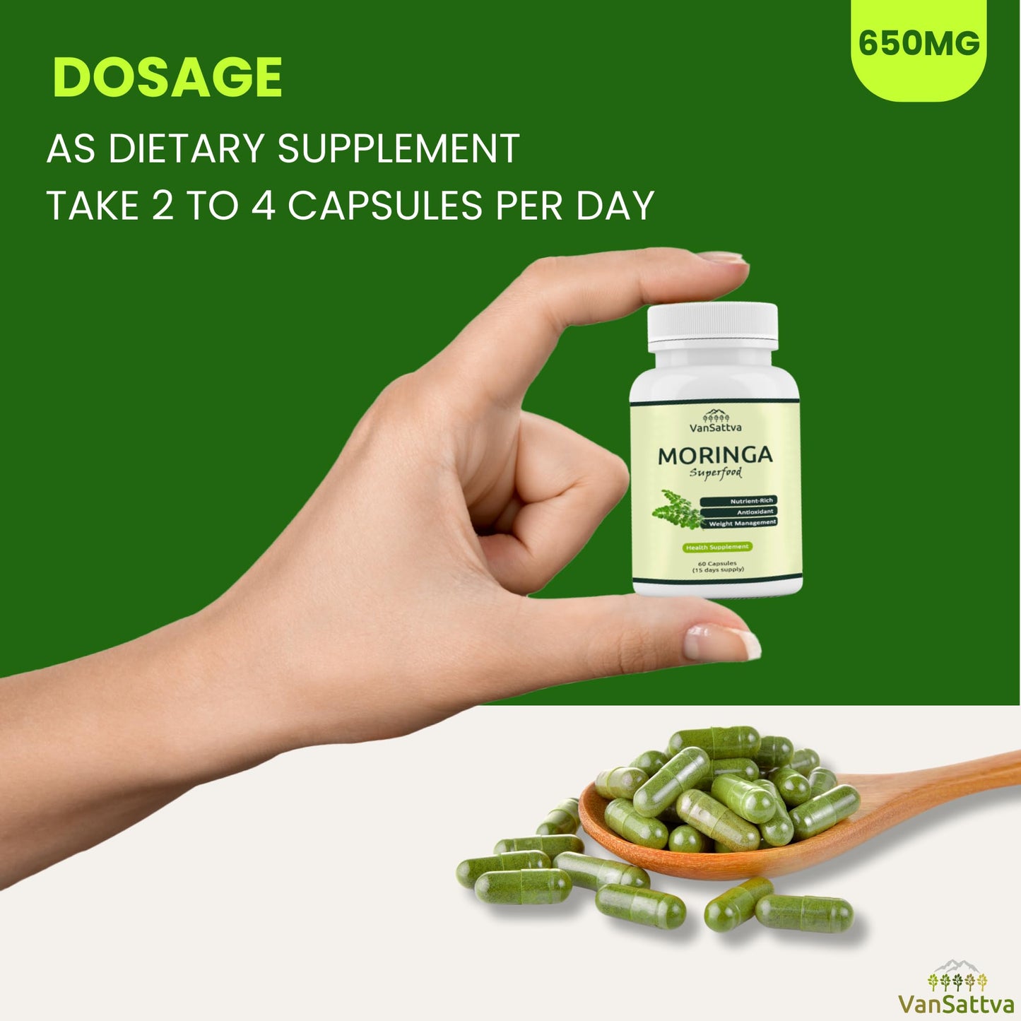 Vansattva Moringa Oleifera Capsules – Natural Leaf Powder Supplement | Plant-Based | 60 Veg Capsules