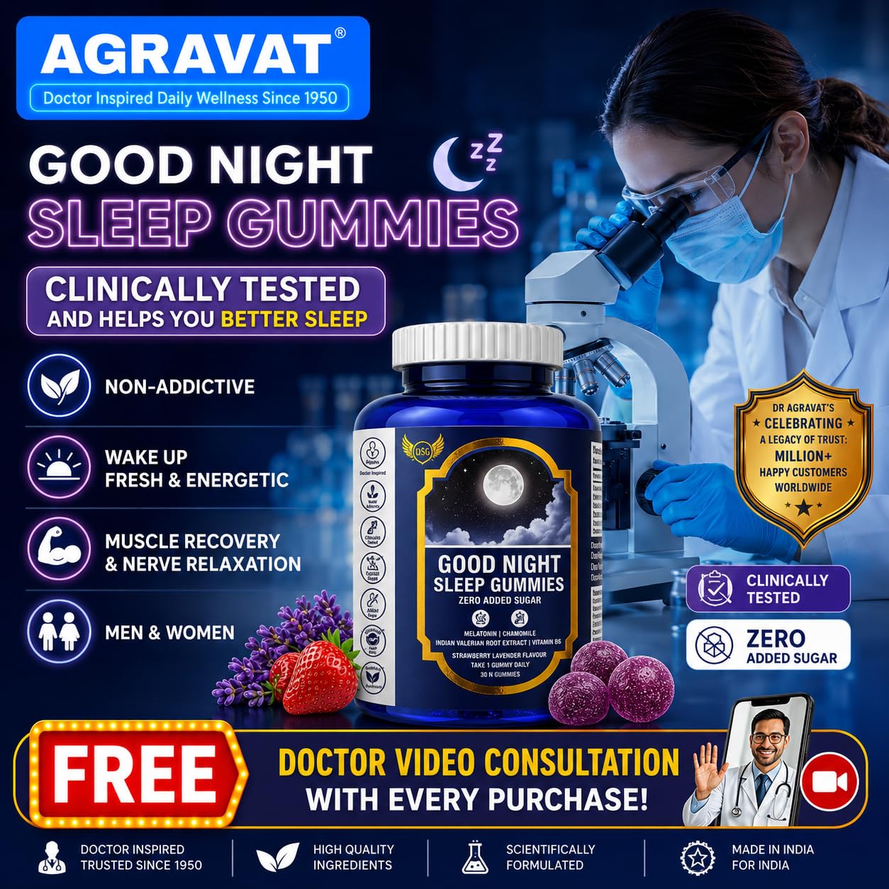 AGRAVAT® Good Night Sleep Gummies - helps you Better Sleep and Non-Addictive | Wake Up Fresh & Energetic | Muscle Recovery & Nerve Relaxation for Men & Women | ZERO Added SUGAR | 30 Gummies