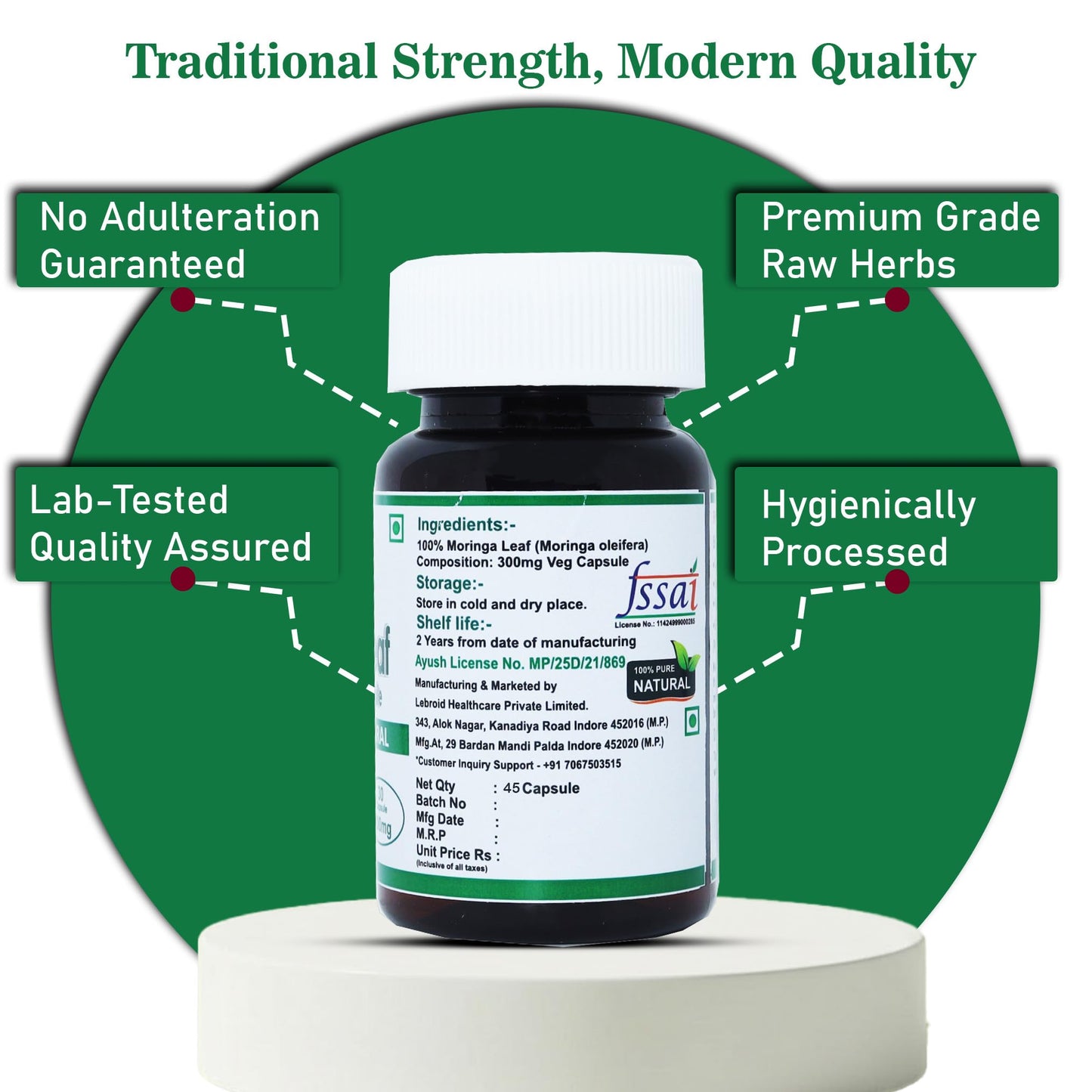 Lebrostone Moringa Capsules | Ayurvedic Superfood for Energy, Immunity & Detox | 45 Veg Capsules