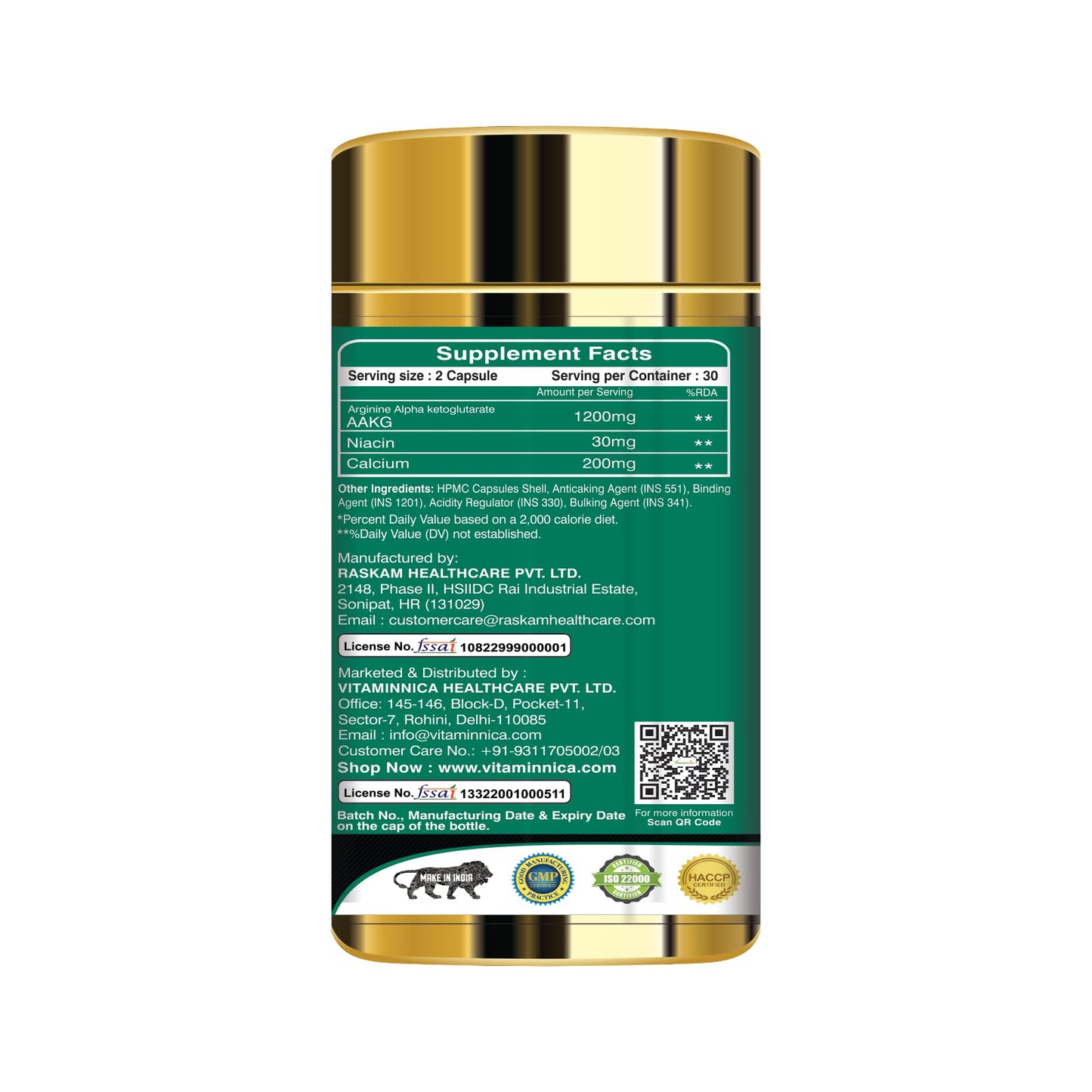 Vitaminnica L-Arginine AAKG Capsules – Amino Acid Supplement for Performance & Circulation Support, Vegetarian Formula, Non-GMO, 60 Veg Capsules
