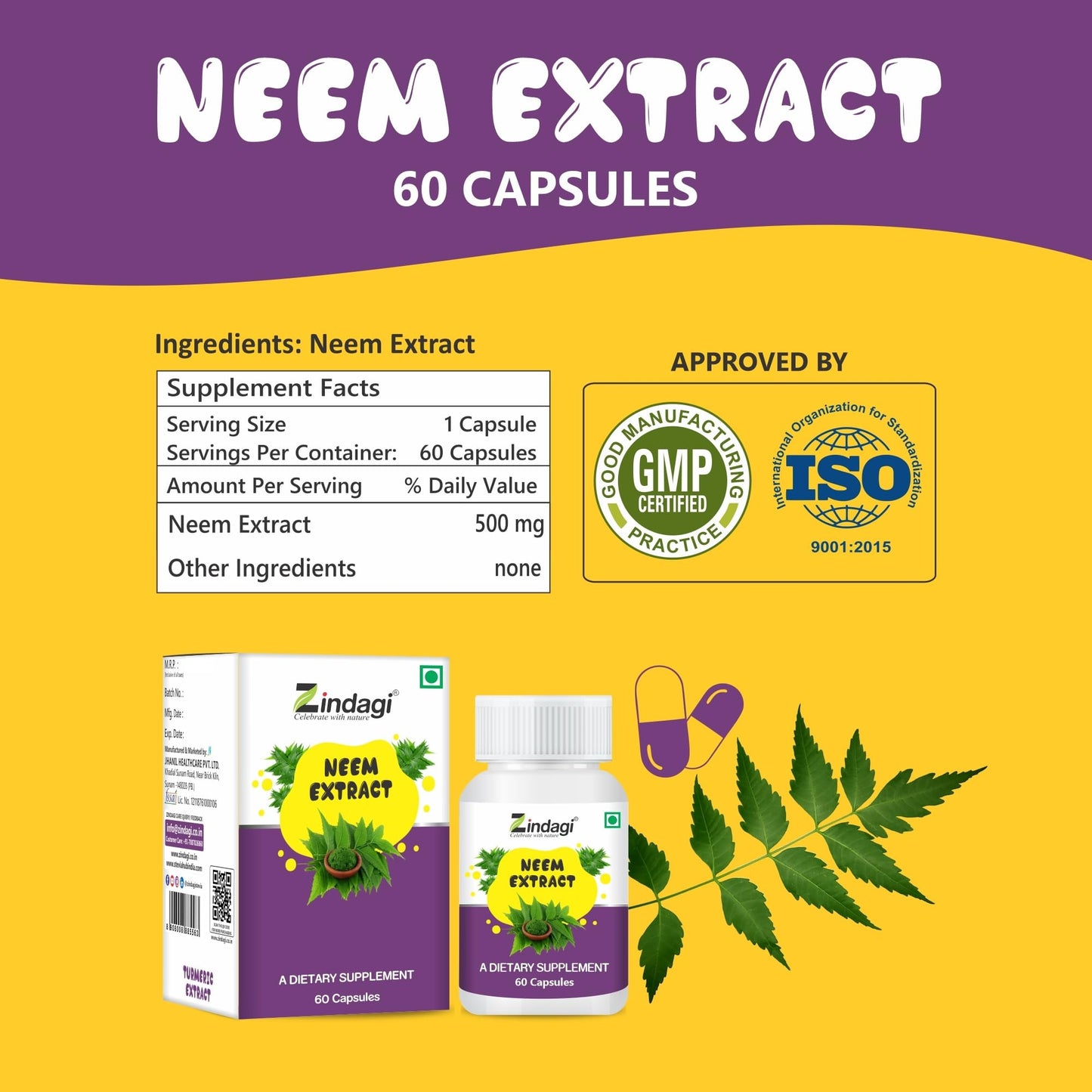 Zindagi 100% Pure Neem Extract Capsules - Dietary Supplement - Anti Bacterial Properties 60 Capsules (Pack of 3)