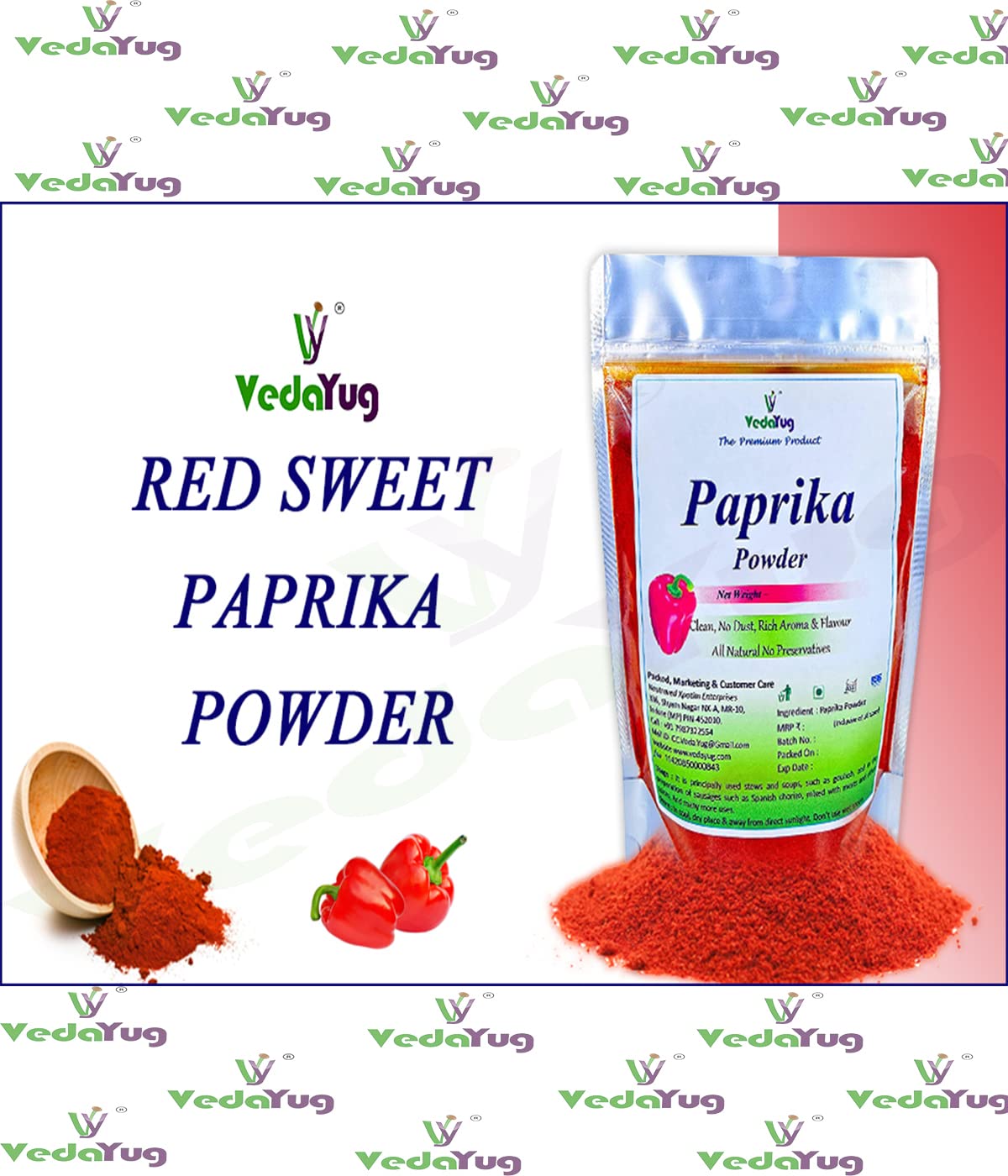 VY VedaYug Red Sweet Paprika Powder 100g | 100% Pure Non-Smoked Paprika | Mild Chilli Powder for Cooking, Pizza, Pasta & Seasoning | No Preservatives