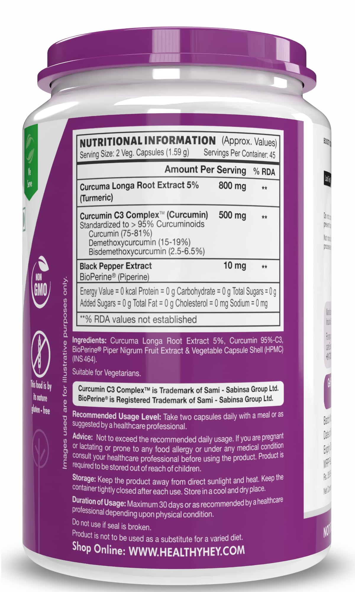 HealthyHey Nutrition Curcumin with Bioperine 1310mg (Ultra Pure) | 90 Vegetable Capsules with Piperine