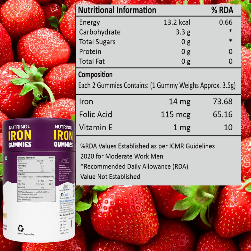 Knoll Healthcare Nutrinol Iron Gummies With Folic Acid & Vitamin E | Strawberry Flavour | No Sugar Added | 30 Gummies | Supports Hemoglobin, Energy & Immunity (Pack Of 2)
