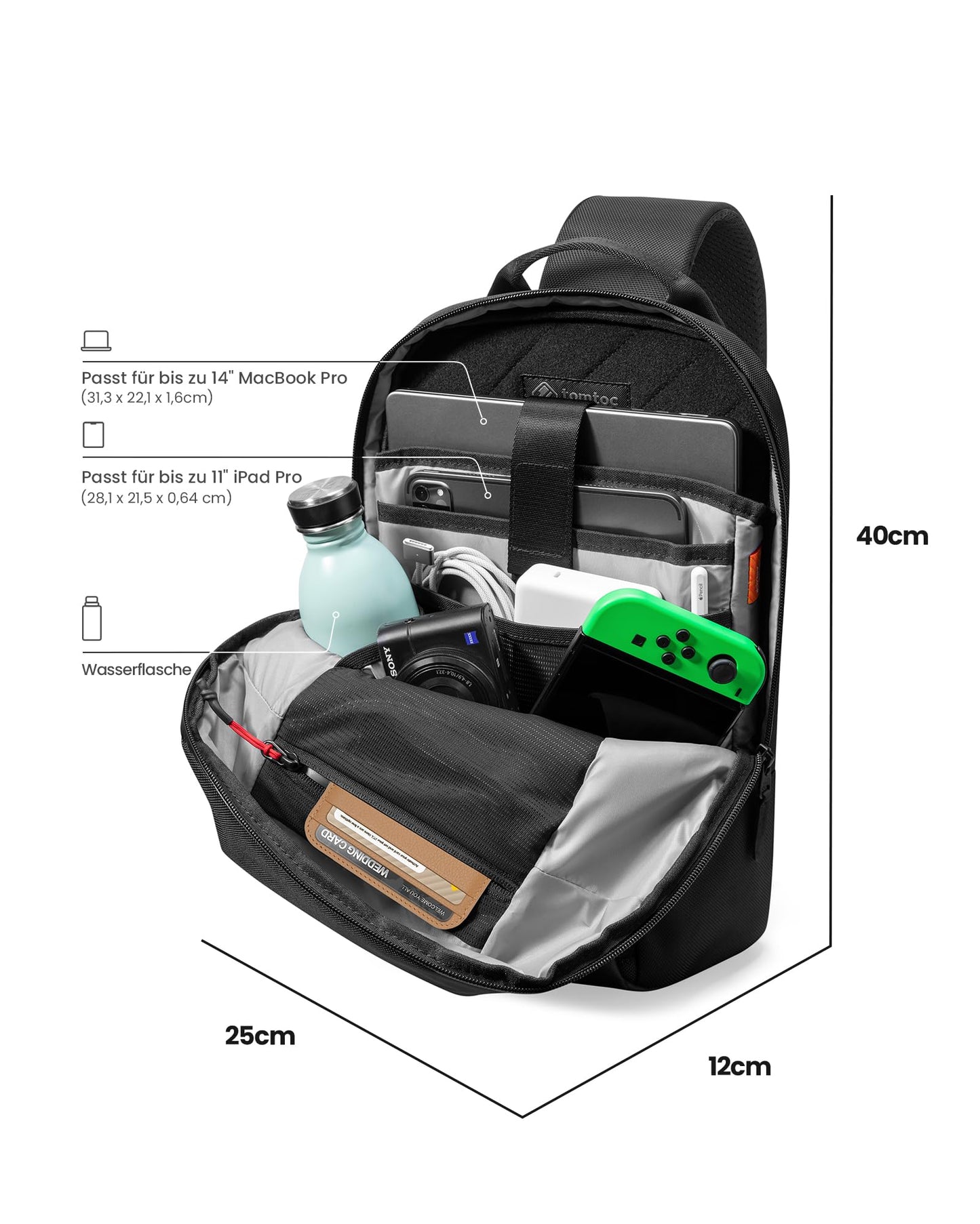 tomtoc 14-inch Compact EDC Sling Bag, Minimalist Chest Shoulder Backpack Crossbody Bag for up to 14-inch MacBook Pro M1/M2 A2779 A2442, Water-resistant, Lightweight Daypack for Travel, Work, Sport