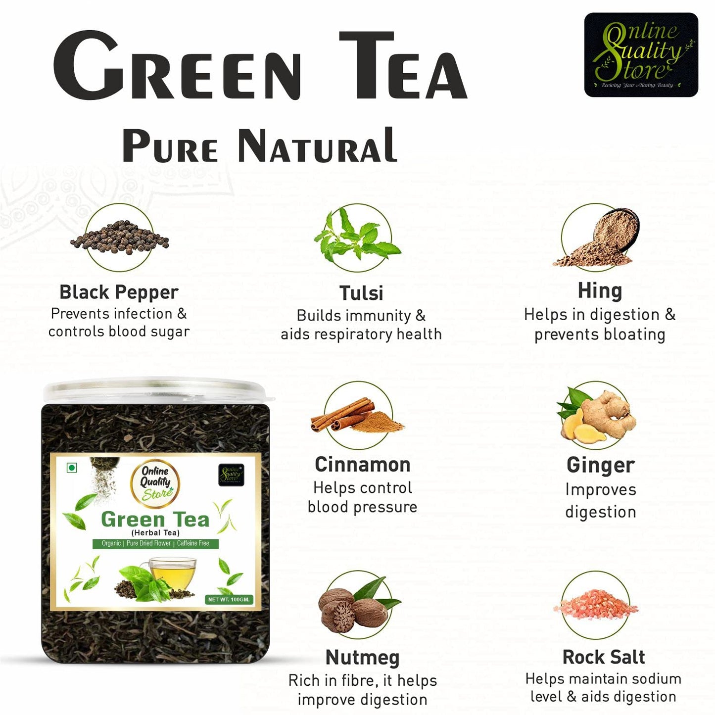 Online Quality Store Natural Green Tea - 100g | 100% Pure & Natural Herbal Green Tea Leaves | Whole Long Leaf | Boost Immunity