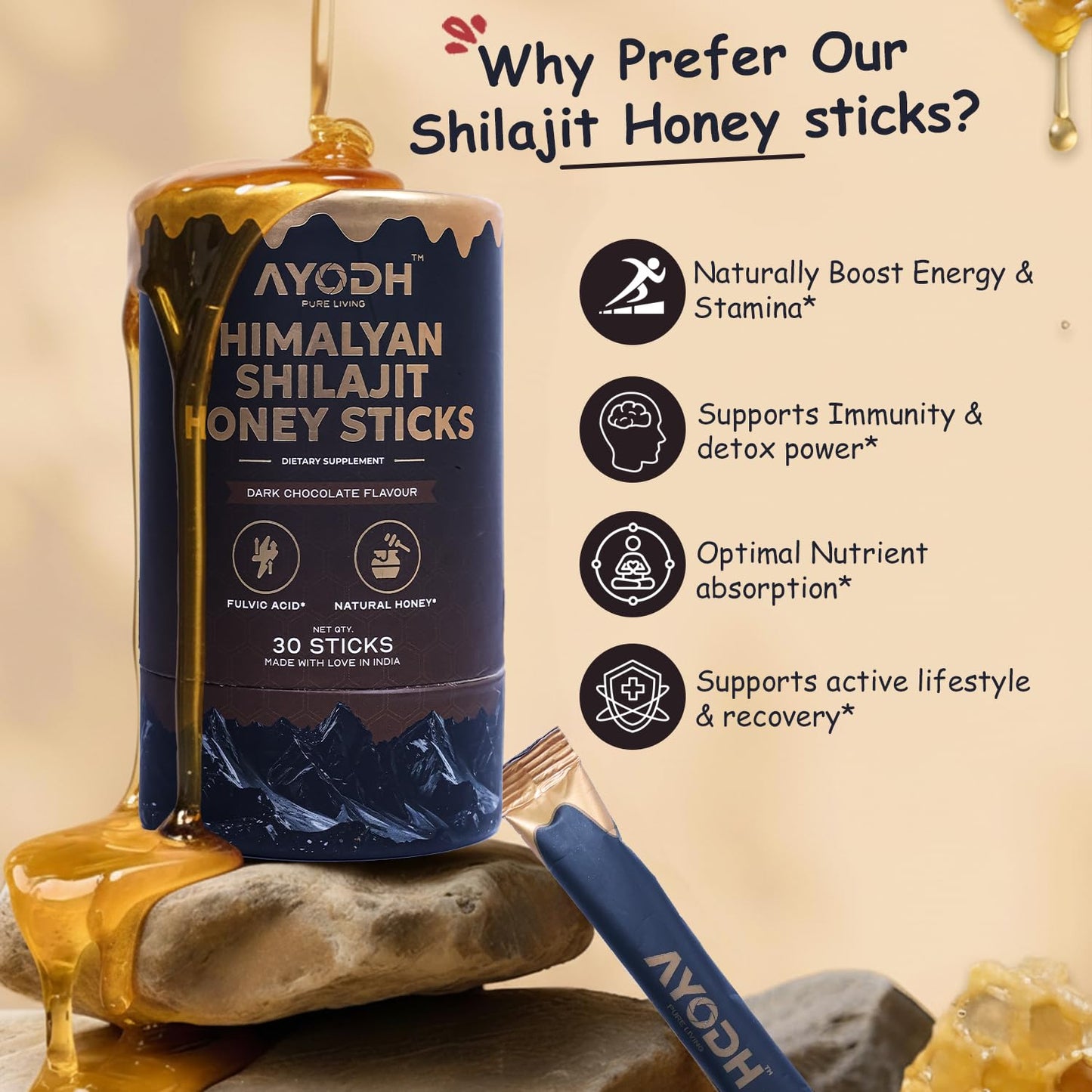 AYODH Himalayan Shilajit Honey Sticks Dark Chocolate Flavor (30 Count) | 75 Fulvic Acid Trace Minerals | Natural Energy Immunity Boost | Pack of 2