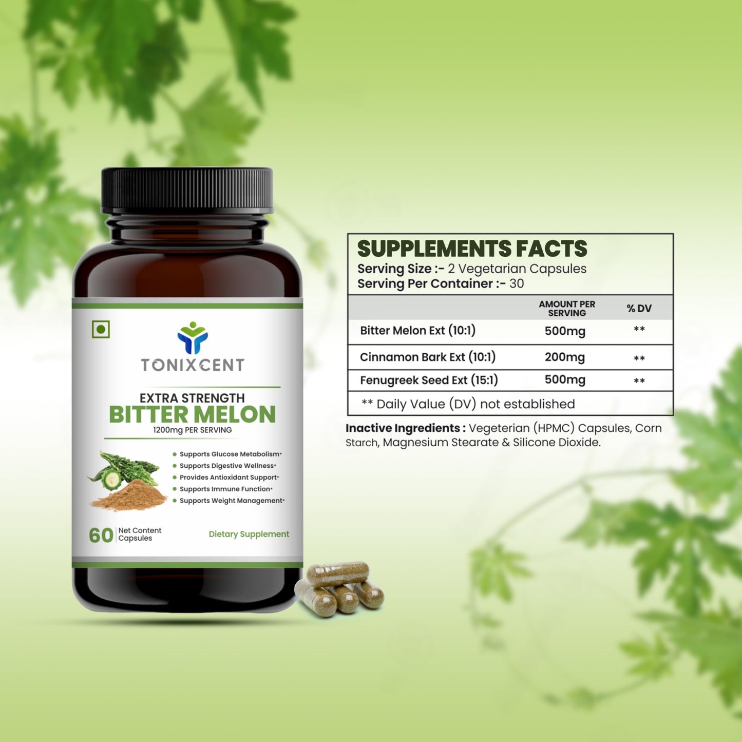 TONIXCENT Digestive Wellness Pair | Garlic 650mg & BitterMelon 1200mg Capsules | Regulates Blood Sugar, Supports Heart & Immunity | 60+60 Vegan Capsules
