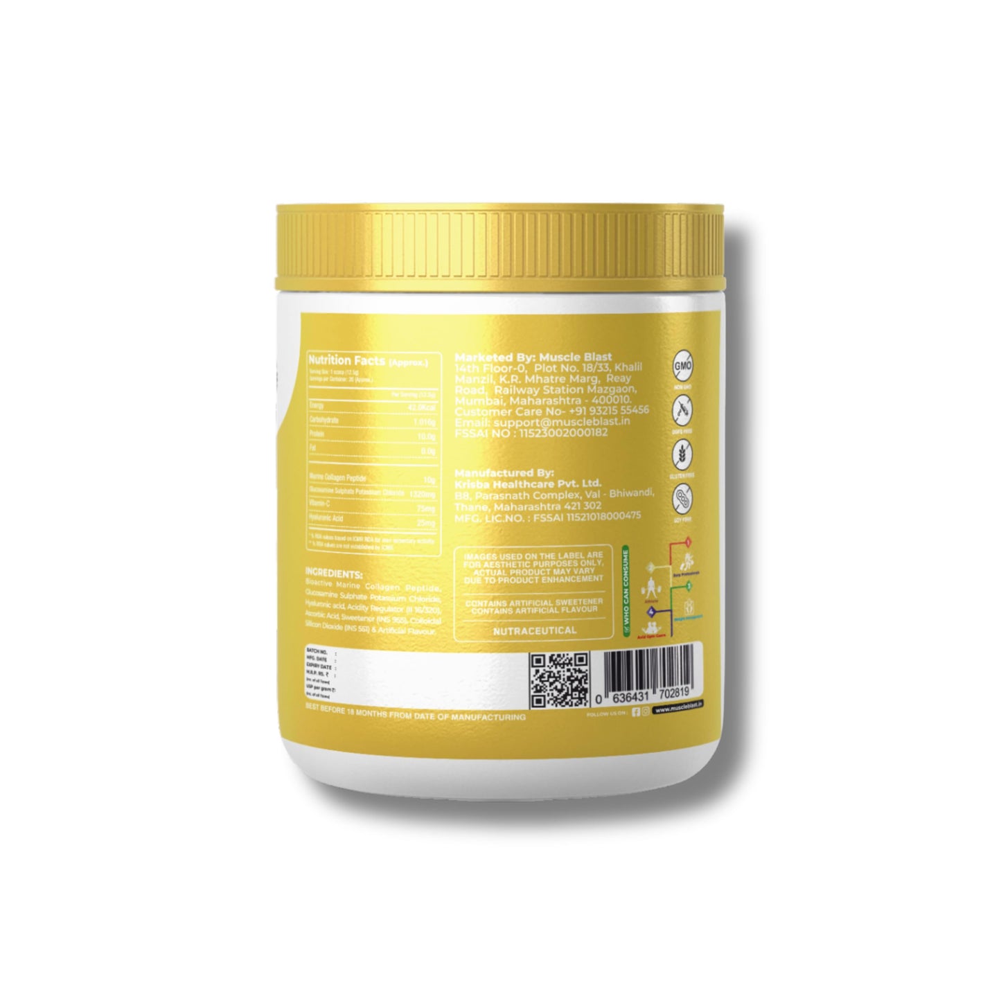 Muscle Blast Marine Collagen Peptide Powder with Glucosamine, Hyaluronic Acid & Vitamin C, Supports Joint, Skin, Hair & Bone Health, 10g Collagen per Serving, 20 Servings (250g) (Pink Guava)