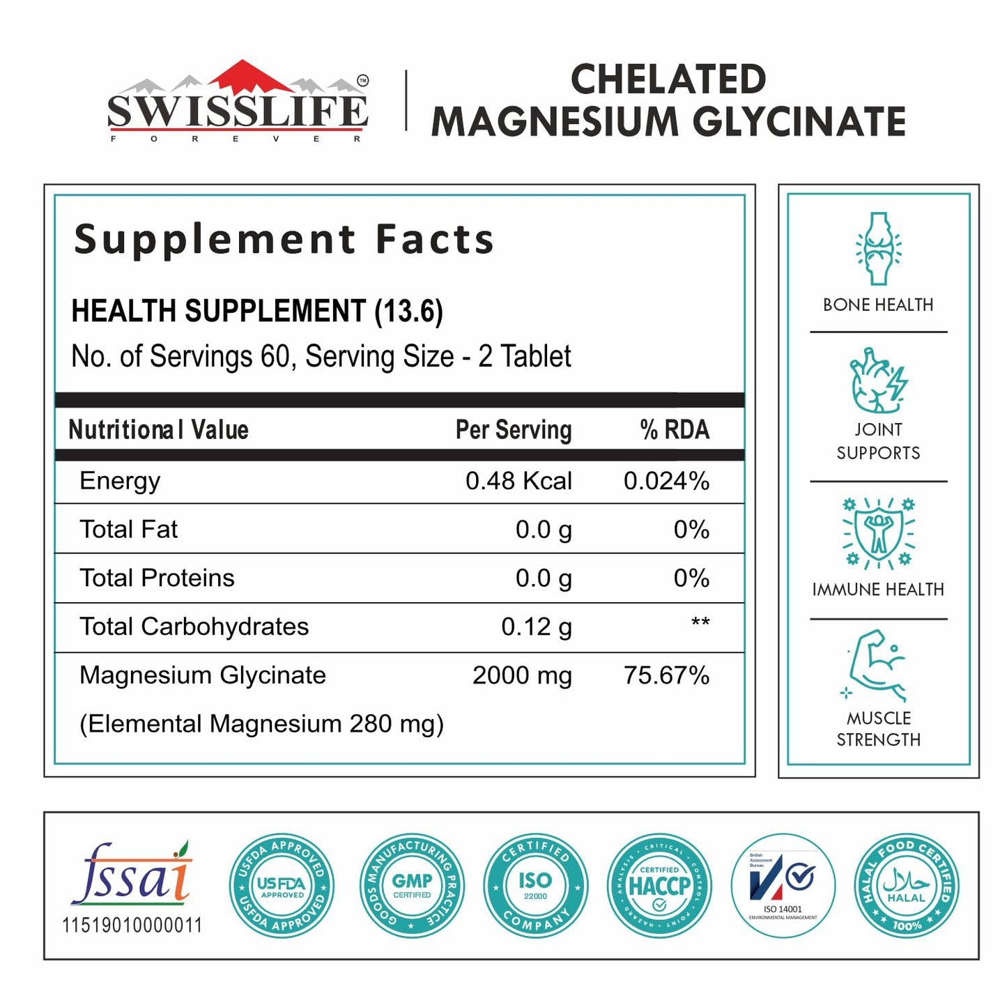 SWISSLIFE FOREVER Magnesium Glycinate Tablets | Chelated Magnesium Glycinate | Dietary Tablets with Mineral and Amino acid (Magnesium Glycinate) Help in Bone health for Men & Women (Pack of 1)