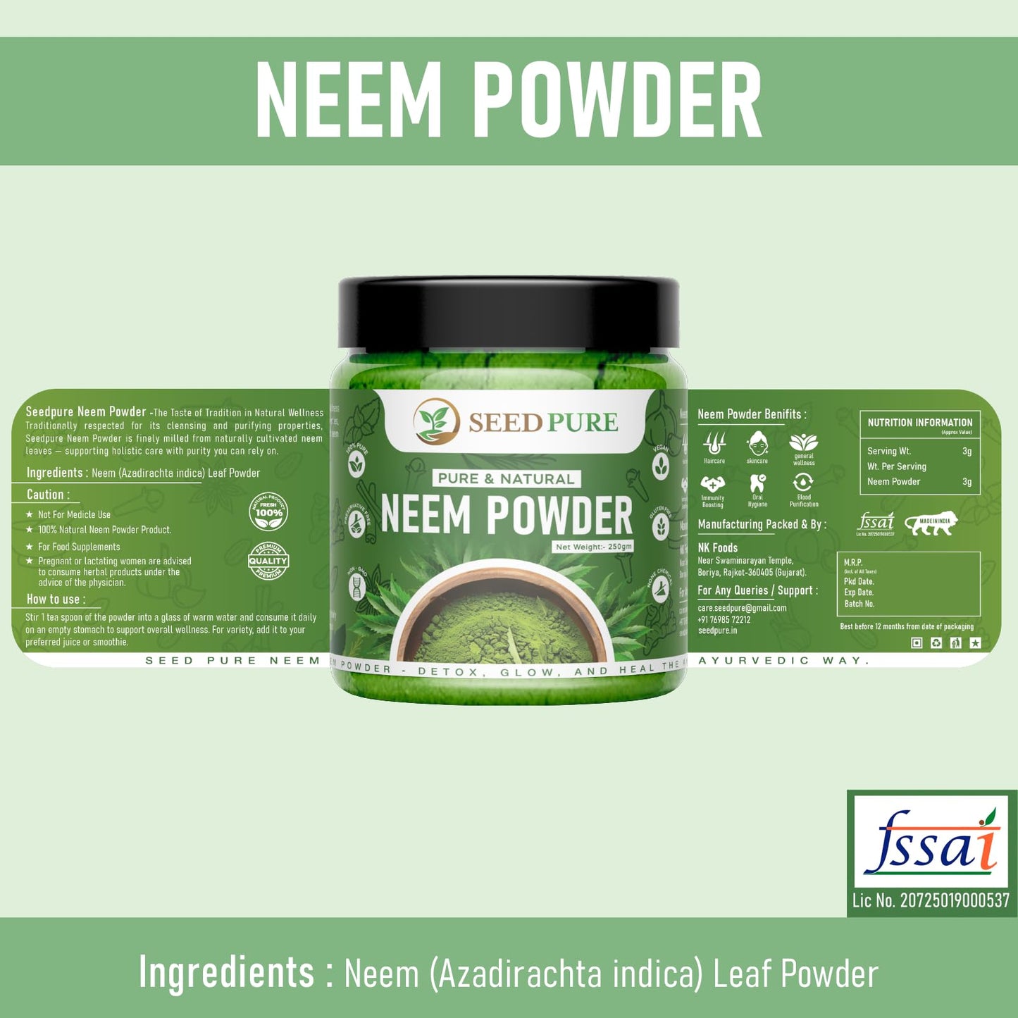 Seedpure Organic Neem Powder 250g | Pure Neem Leaf Powder for Skin, Hair, Immunity & Detox | Herbal Supplement for Acne, Oral Care & Wellness | No Additives or Preservatives
