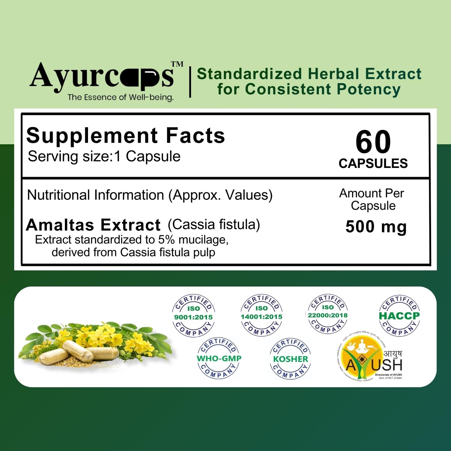 Ayurcaps Amaltas 500mg 60 Veg Capsules | Ayurvedic Herbal Digestive Support Supplement | Supports Gut Health And Natural Detox | Bowel Wellness And Daily Cleansing | Vegetarian, No Preservatives