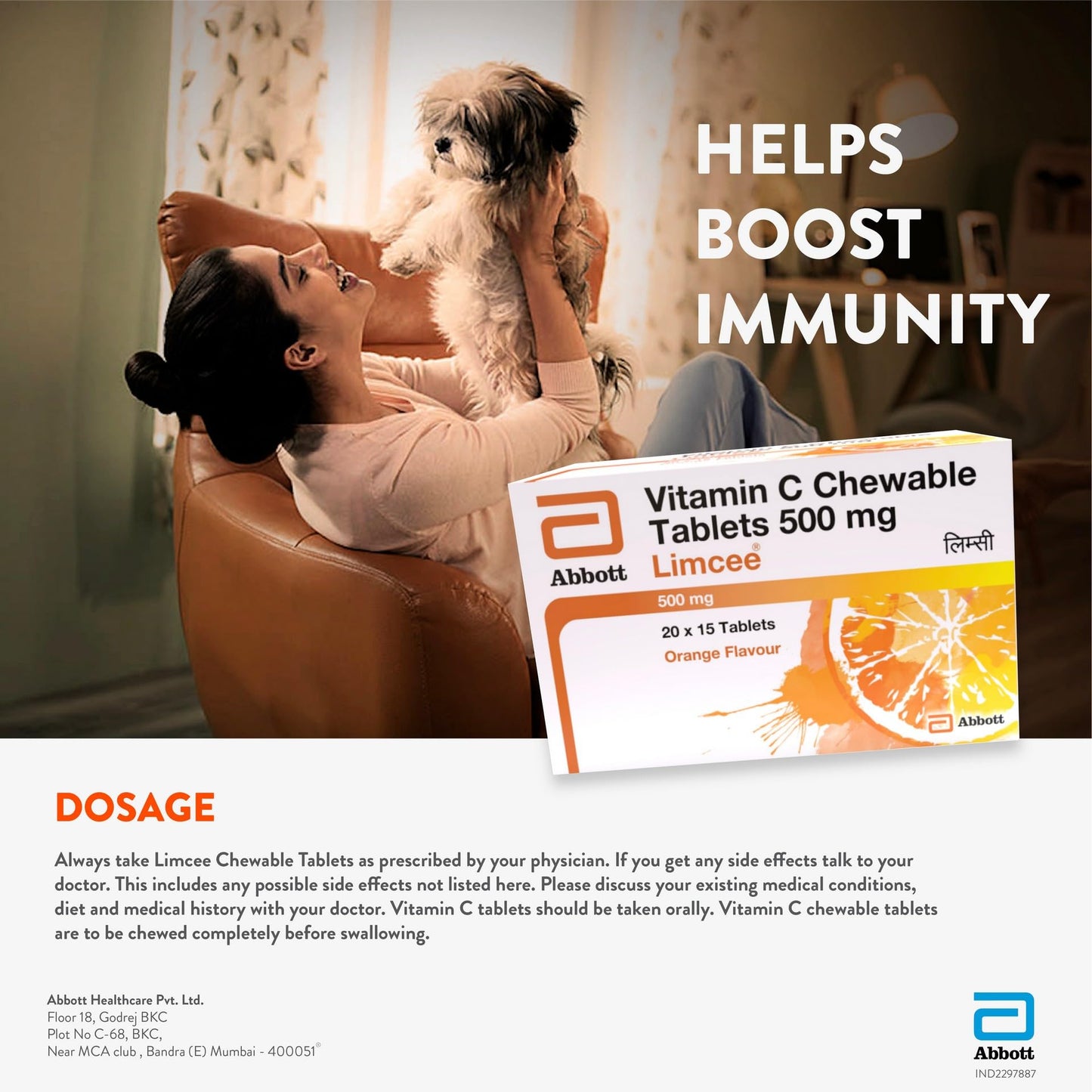 Limcee Chewable Natural Vitamin C Chewable Tablets 500mg || Tangy Orange Flavour || Boost Immunity || Supports Energy || Antioxidant || Skin Care || Men and Women -15 Tabs